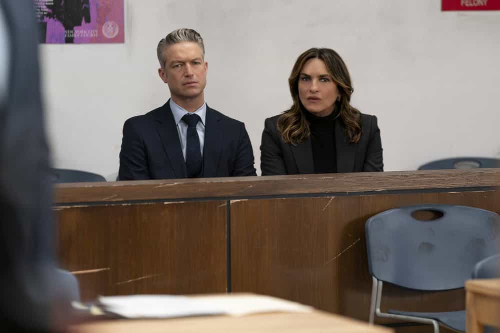 Law & Order SVU season 27 episode 12 image -- "Hubris" Episode 27013 -- Pictured: (l-r) Peter Scanavino as A.D.A Dominick "Sonny" Carisi Jr., Mariska Hargitay as Capt. Olivia Benson -- (Photo by: Ralph Bavaro/NBC)