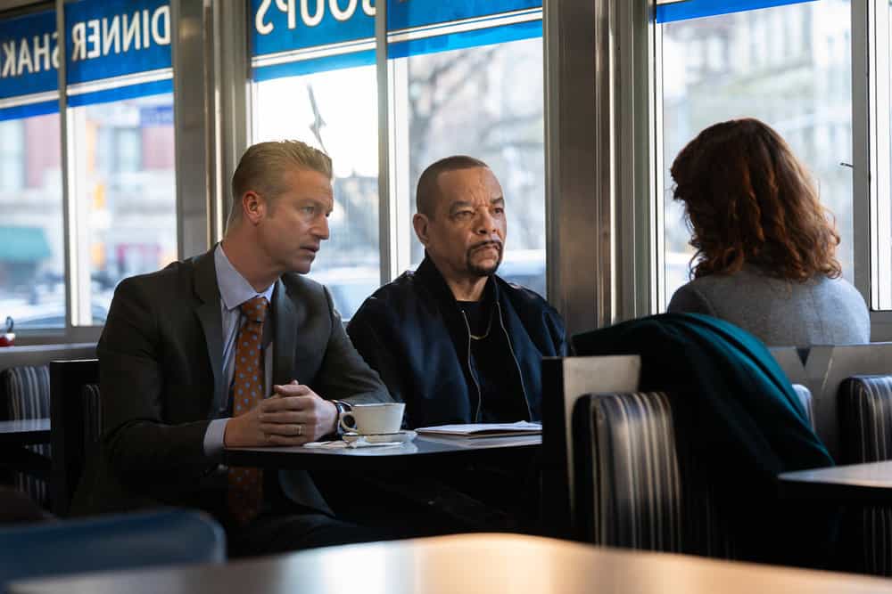 Law & Order SVU season 27 episode 12 -- "Hubris" Episode 27013 -- Pictured: (l-r) Peter Scanavino as A.D.A Dominick "Sonny" Carisi Jr., Ice T as Sgt. Odafin "Fin" Tutuola -- (Photo by: Virginia Sherwood/NBC)
