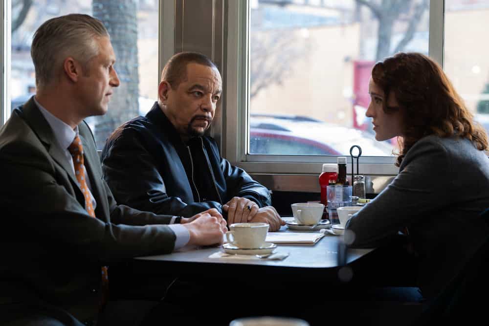 LAW & ORDER: SPECIAL VICTIMS UNIT -- "Hubris" Episode 27013 -- Pictured: (l-r) Peter Scanavino as A.D.A Dominick "Sonny" Carisi Jr., Ice T as Sgt. Odafin "Fin" Tutuola, Norma Kuhling as ADA CJ Jones -- (Photo by: Virginia Sherwood/NBC)