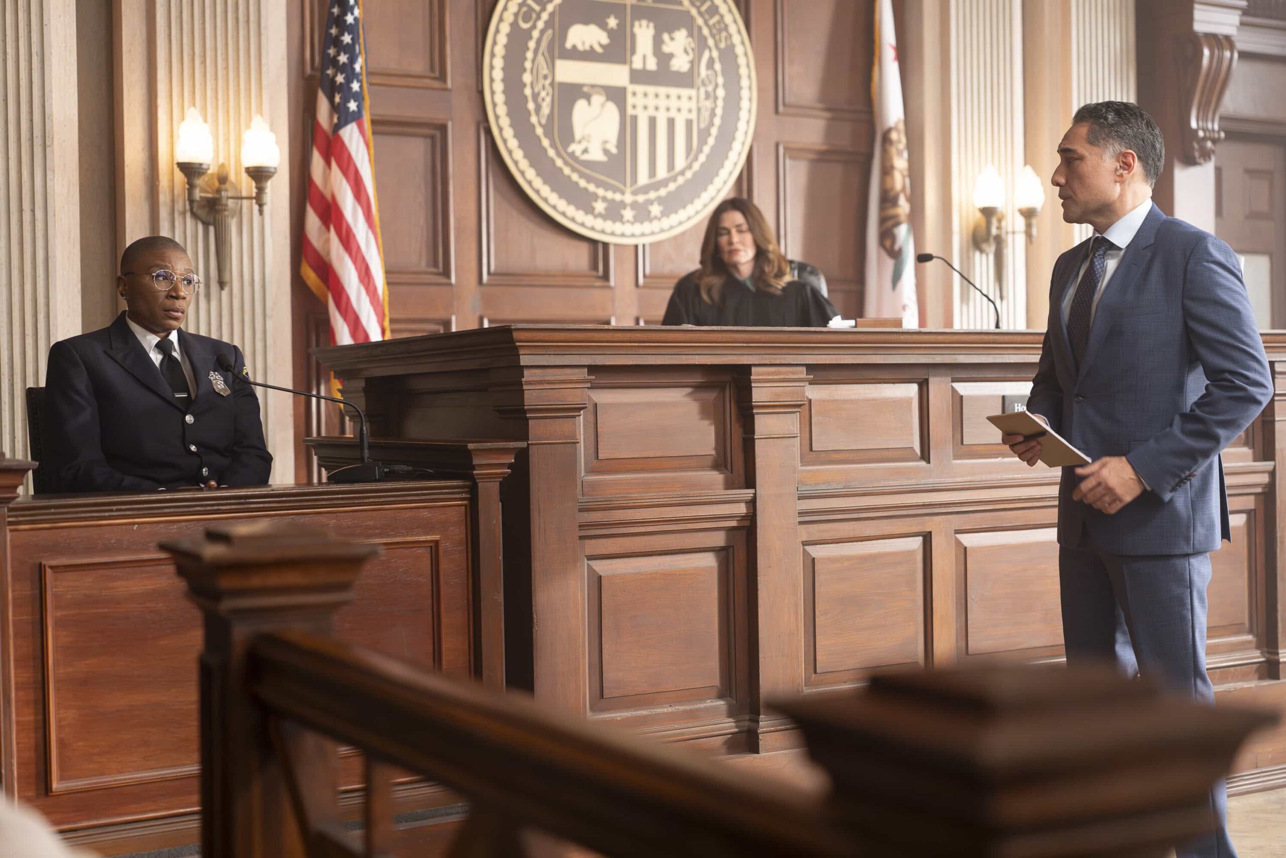 9-1-1: “Handle with Care” - Harry’s first day as a probie proves to be more challenging than Chimney expects. Meanwhile, Eddie and Hen are called into court over a former patient that brings back some old demons. THURSDAY, JAN. 29 (8:00-9:00 p.m. EST) on ABC.  (Disney/Christopher Willard) 
AISHA HINDS, GABRIEL RISSA