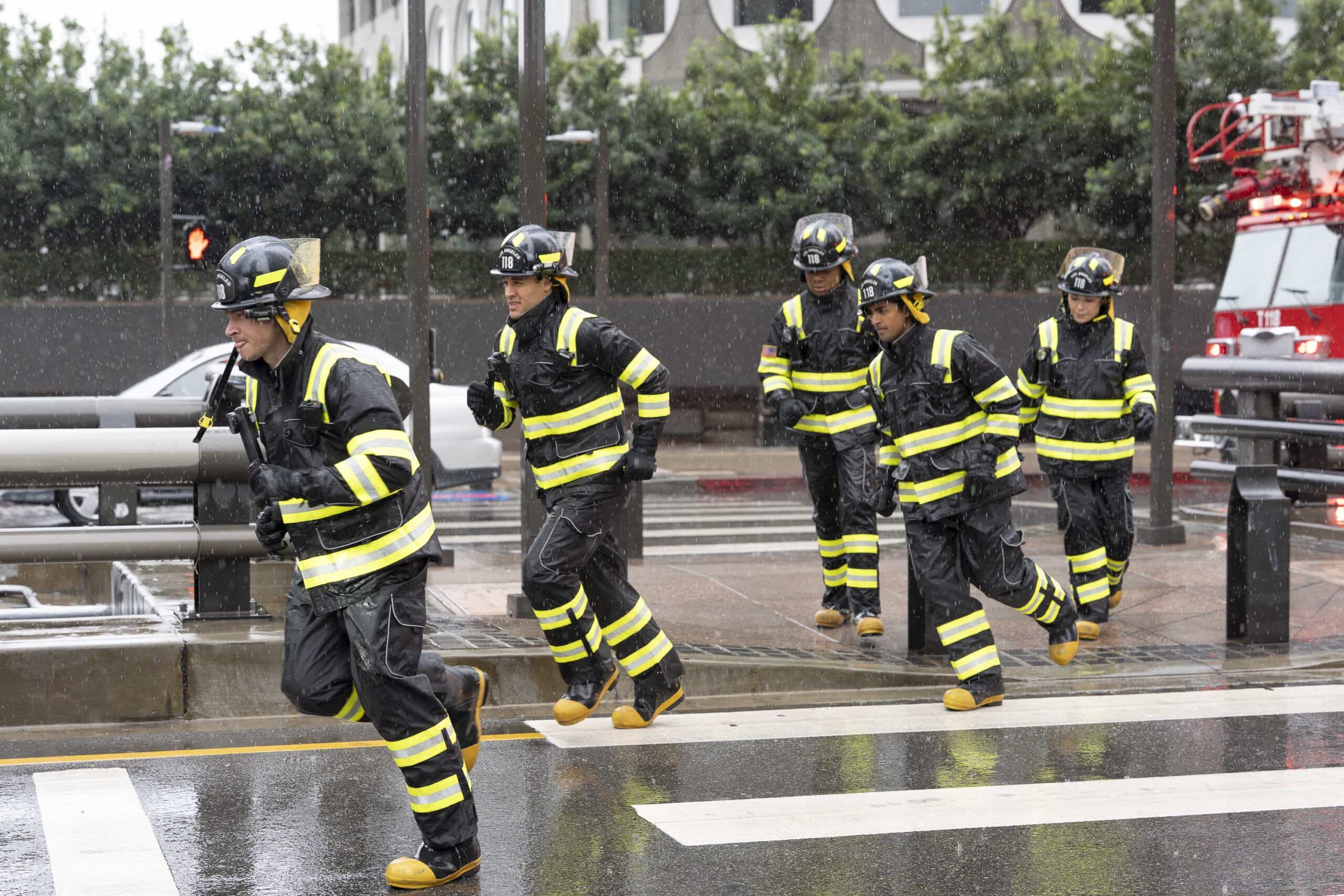 9-1-1 Season 9 Episode 10 : “Handle with Care” - Harry’s first day as a probie proves to be more challenging than Chimney expects. Meanwhile, Eddie and Hen are called into court over a former patient that brings back some old demons. THURSDAY, JAN. 29 (8:00-9:00 p.m. EST) on ABC.  (Disney/Christopher Willard) 
OLIVER STARK, RYAN GUZMAN, ELIJAH M. COOPER, ANIRUDH PISHARODY