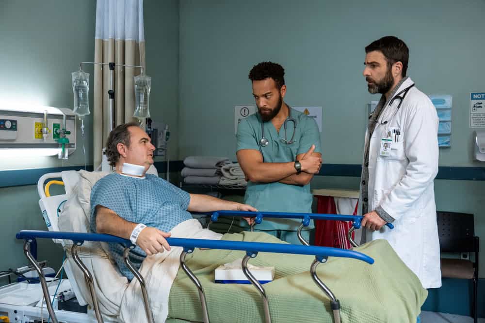 BRILLIANT MINDS -- "The Invisible Man" Episode 214 -- Pictured: (l-r) Dylan Roberts as Amos Brown, John Clarence Stewart as Dr. Anthony Thorne, Zachary Quinto as Dr. Oliver Wolf -- (Photo by: Pief Weyman/NBC)