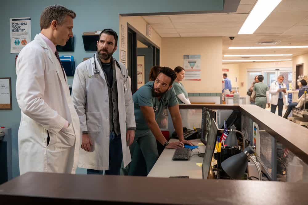 BRILLIANT MINDS -- "The Invisible Man" Episode 214 -- Pictured: (l-r) Teddy Sears as Dr. Josh Nichols, Zachary Quinto as Dr. Oliver Wolf, John Clarence Stewart as Dr. Anthony Thorne -- (Photo by: Pief Weyman/NBC)