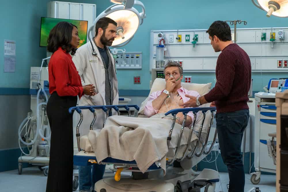 BRILLIANT MINDS -- "The Invisible Man" Episode 214 -- Pictured: (l-r) Tamberla Perry as Dr. Carol Pierce, Zachary Quinto as Dr. Oliver Wolf, Teddy Sears as Dr. Josh Nichols, Marco Pigossi as Dr. Beau Pedrosa -- (Photo by: Pief Weyman/NBC)