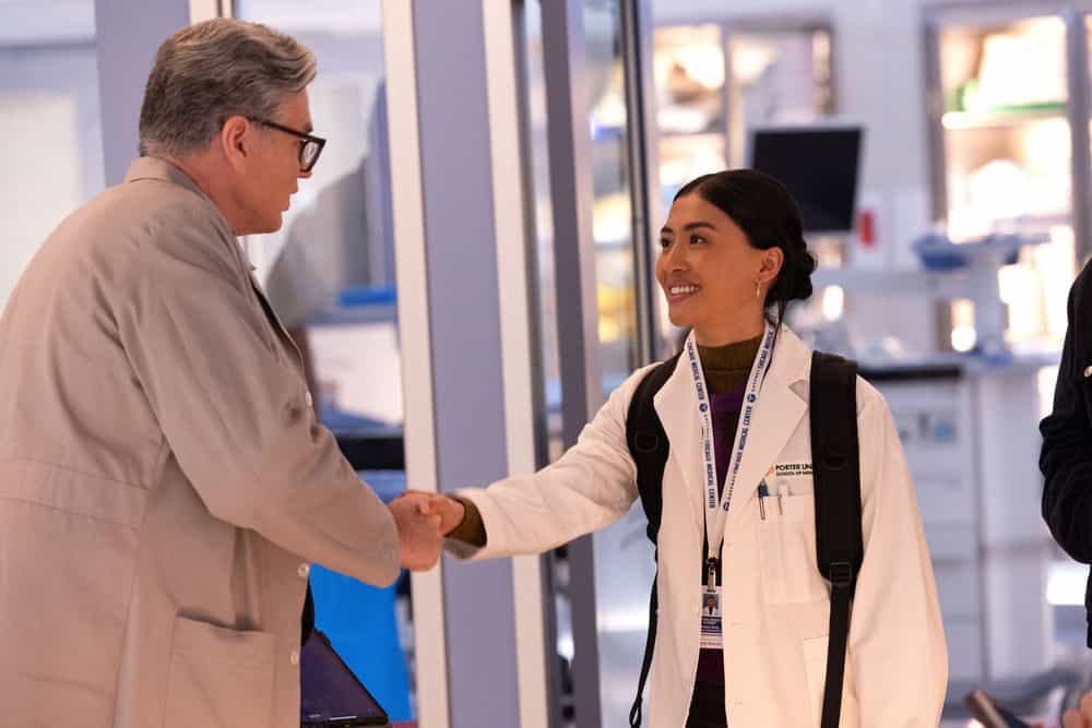 CHICAGO MED -- "Spill Your Guts" Episode 1112 -- Pictured: (l-r) Oliver Platt as Dr. Daniel Charles, Brianne Tju as Amira -- (Photo by: George Burns Jr/NBC)