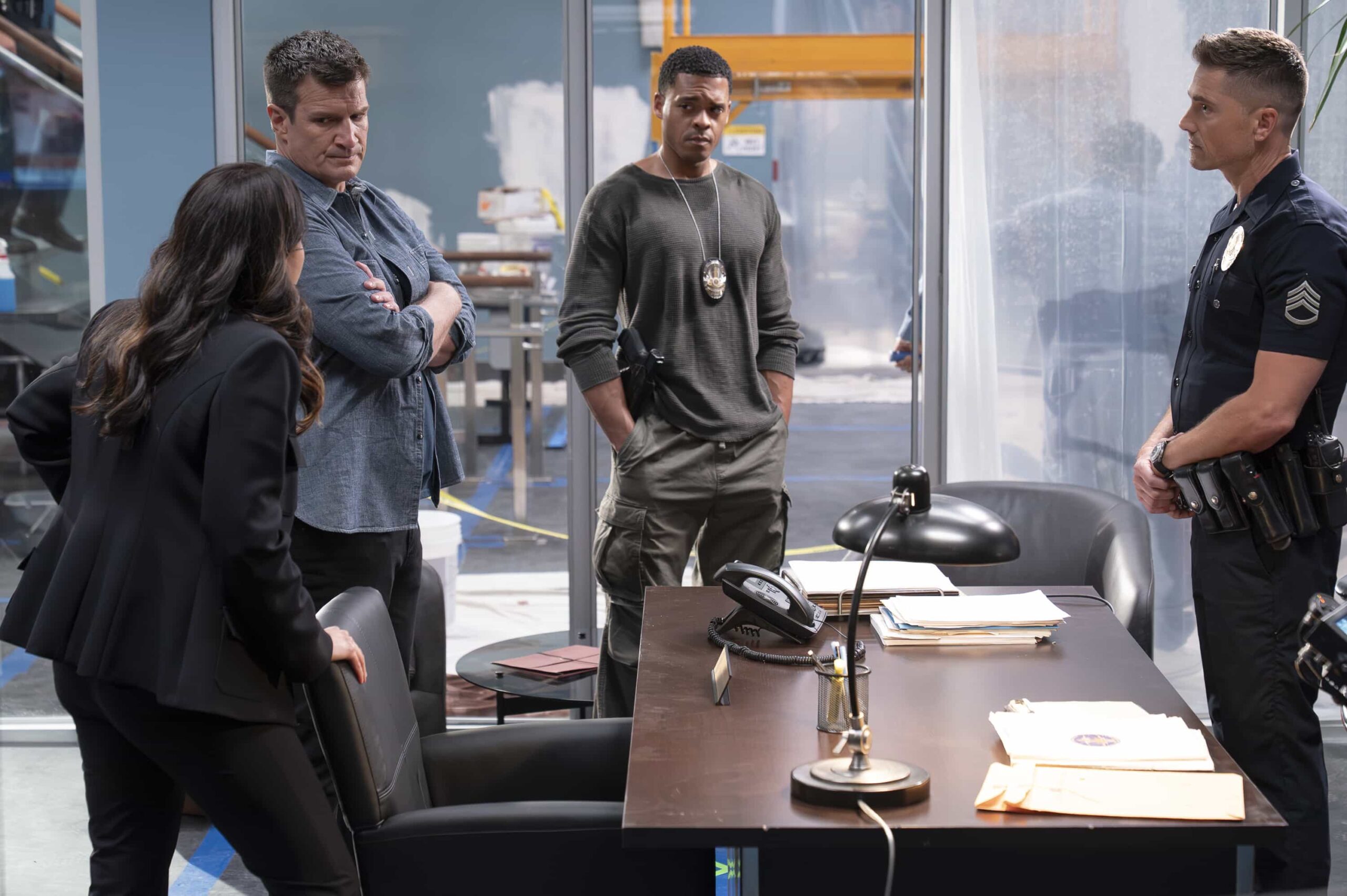 THE ROOKIE Season 8 Episode 7 Still - “Baja” - Harper and Lucy go undercover in Baja while investigating the murder of two young women. Back in LA, Bradford and the FBI task force assist in the investigation, while Nolan and Bailey navigate their long-distance relationship. MONDAY, FEB. 16 (10:00-11:00 p.m. EST) on ABC. (Disney/Mike Taing) 
NATHAN FILLION, DERIC AUGUSTINE, ERIC WINTER