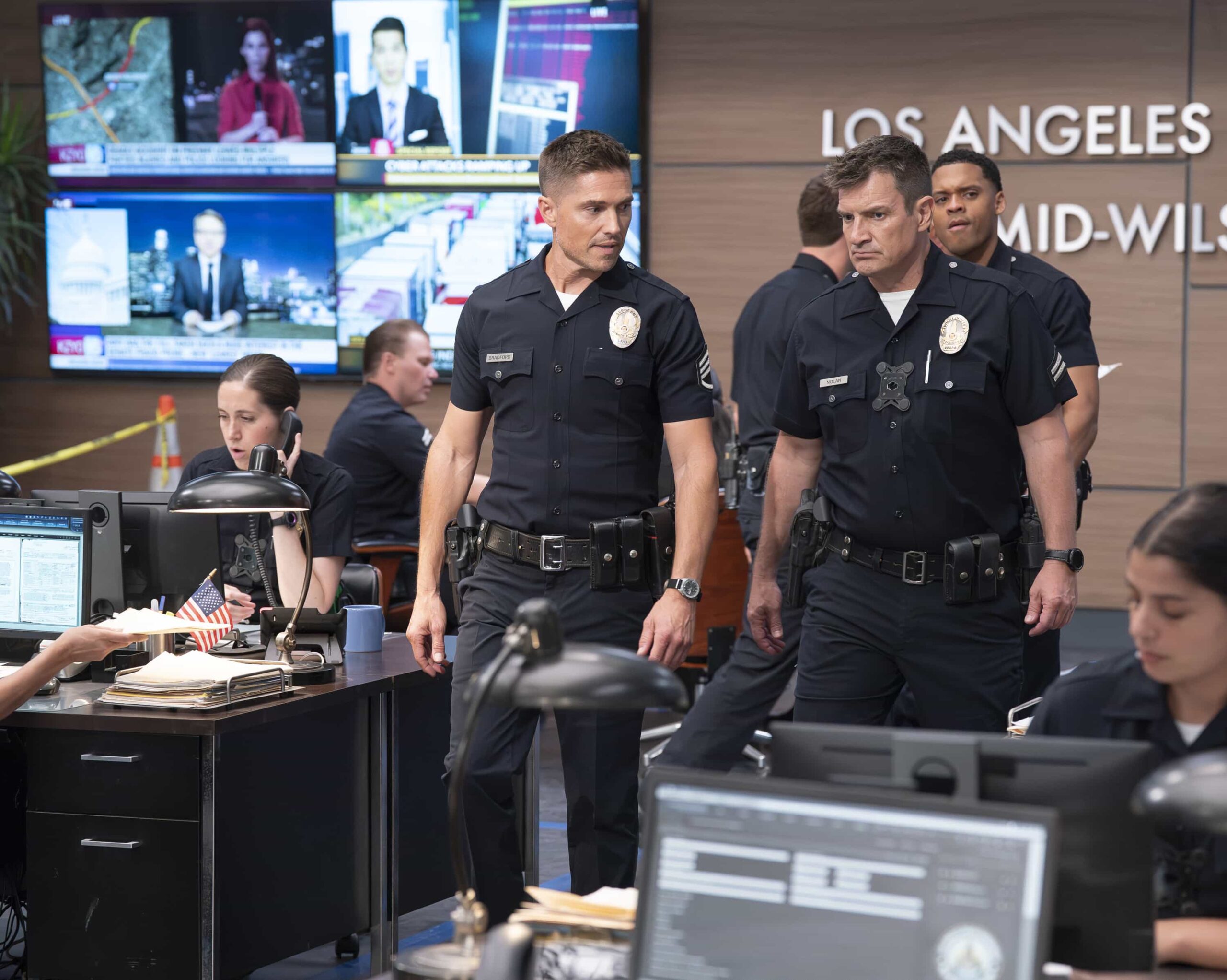 THE ROOKIE Season 8 Episode 7 - “Baja” - Harper and Lucy go undercover in Baja while investigating the murder of two young women. Back in LA, Bradford and the FBI task force assist in the investigation, while Nolan and Bailey navigate their long-distance relationship. MONDAY, FEB. 16 (10:00-11:00 p.m. EST) on ABC. (Disney/Mike Taing) 
ERIC WINTER, NATHAN FILLION, DERIC AUGUSTINE