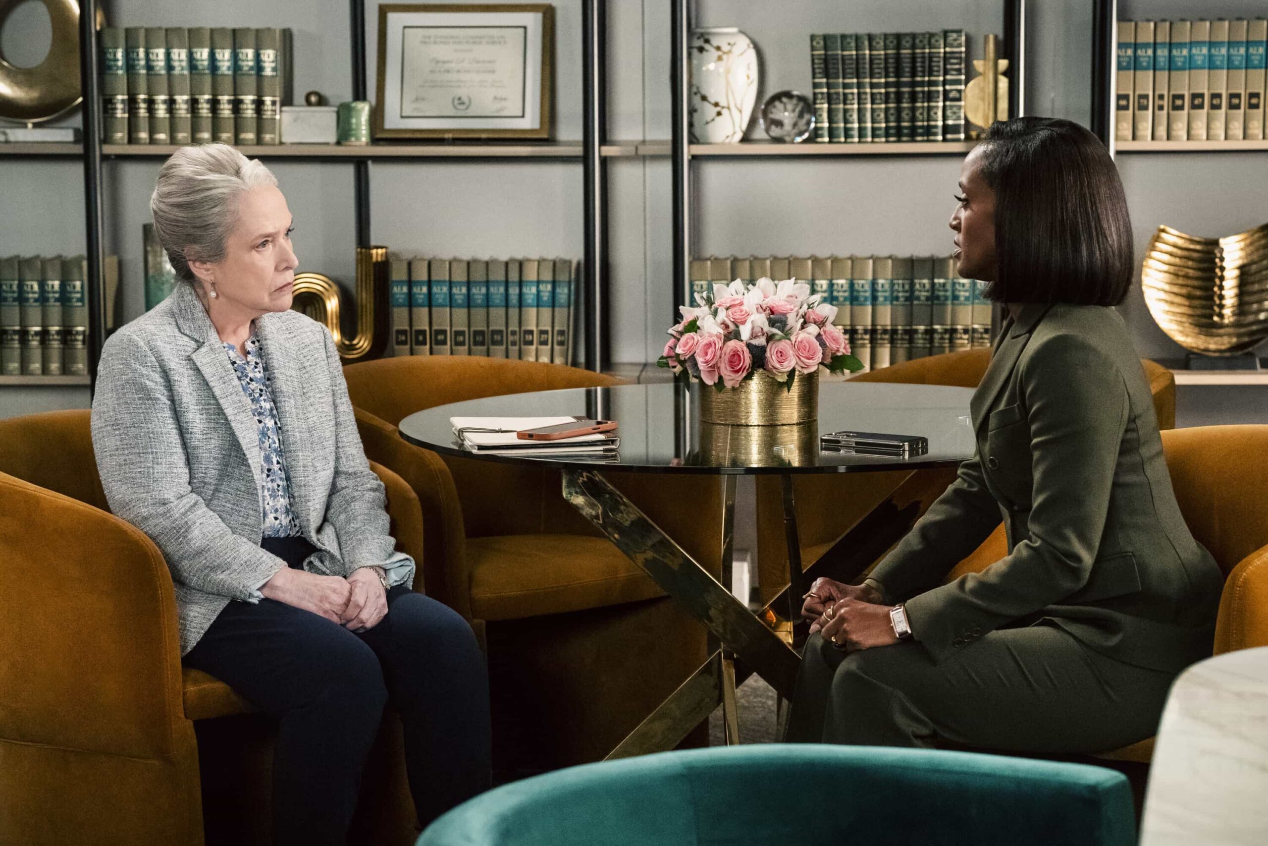 Matlock Season 2 Episode 9 “Collateral” – Olympia and Matty each put together their own collateral for Julian, hoping to regain his trust after he makes a shocking discovery. Meanwhile, an injunction case takes a turn when their client is detained by ICE agents, forcing the team to shift gears to keep him with his family and prevent deportation, on MATLOCK, Thursday, Feb. 26 (9:00-10:00 PM, ET/PT). Pictured (L-R): Kathy Bates as “Madeline Matlock” and Skye P. Marshall as “Olympia Lawrence”. Photo: Michael Yarish/CBS ©2025 CBS Broadcasting, Inc. All Rights Reserved.