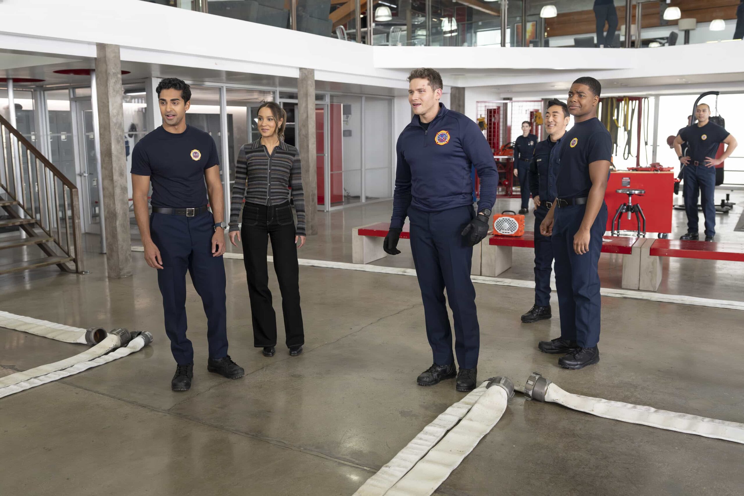 9-1-1 - “Going Once, Going Twice” - When a medical examiner becomes entangled in a dangerous situation during an autopsy, the 118 is called in to assist. Meanwhile, the 118 hosts an LAFD charity bachelor auction. THURSDAY, FEB. 26 (8:00-9:00 p.m. EST) on ABC. (Disney/Christopher Willard) 
ANIRUDH PISHARODY, CORINNE MASSIAH, OLIVER STARK, KENNETH CHOI, ELIJAH M. COOPER