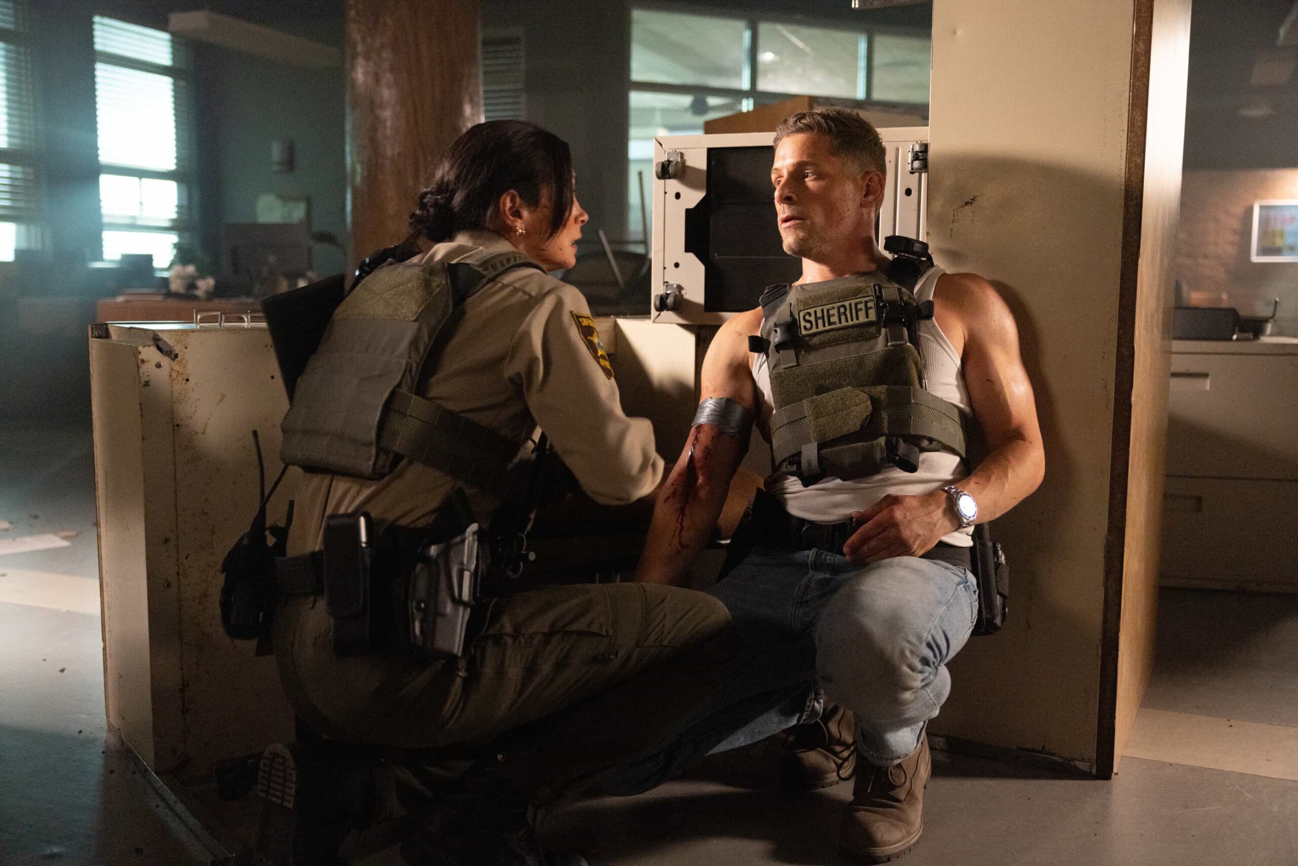 Sheriff Country Season 1 Episode 10 "Crucible, Part 2" -- Coverage of the CBS Original Series SHERIFF COUNTRY, scheduled to air on the CBS Television Network.  Pictured: Marina Baccarin as Sheriff Mickey Fox and Matt Lauria as Boone. Photo: Darren Goldstein/CBS ©2025 CBS Broadcasting, Inc. All Rights Reserved.