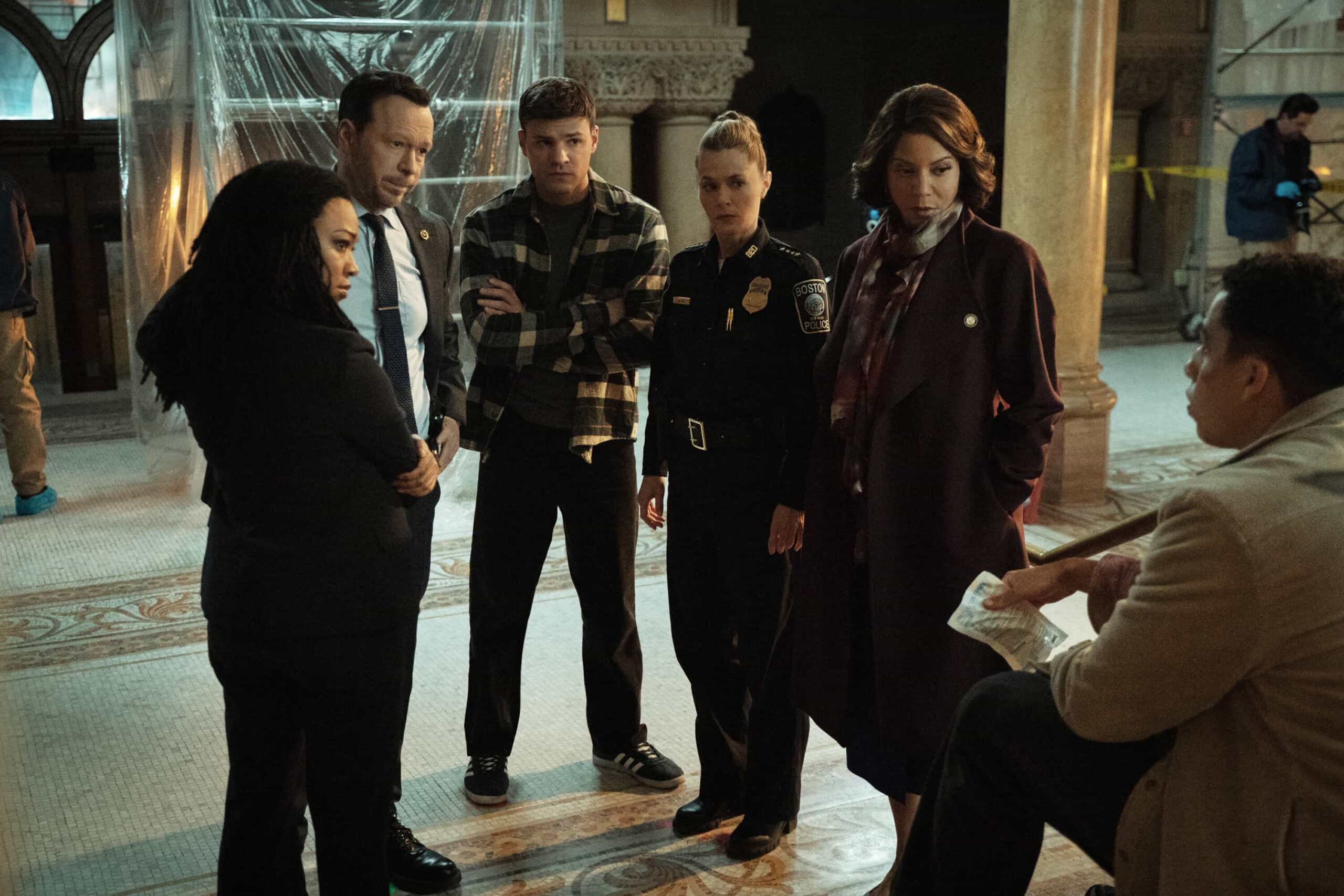 Boston Blue Season 1 Episode 10 “Hard Truths” – Jonah’s anger and grief put family bonds to the test as Mae and Sarah confront painful truths that could change everything. Meanwhile, Danny and Lena take on a high-stakes case that exposes deep-rooted secrets and forces unlikely alliances., on the CBS Original Series “BOSTON BLUE,” Friday, Feb. 26 (10:00-11:00 PM, ET/PT)    Pictured (L-R): Sonequa Martin-Green as Lena Silver, Donnie Wahlberg as Danny Reaganm Mika Amonsen as Sean Reagan, Maggie Lawson as Sarah Silver, Gloria Reuben as Mae Silver, and Marcus Scribner as Jonah Silver  Photo: Brendan Adam-Zwelling/CBS ©2025 CBS Broadcasting, Inc. All Rights Reserved.