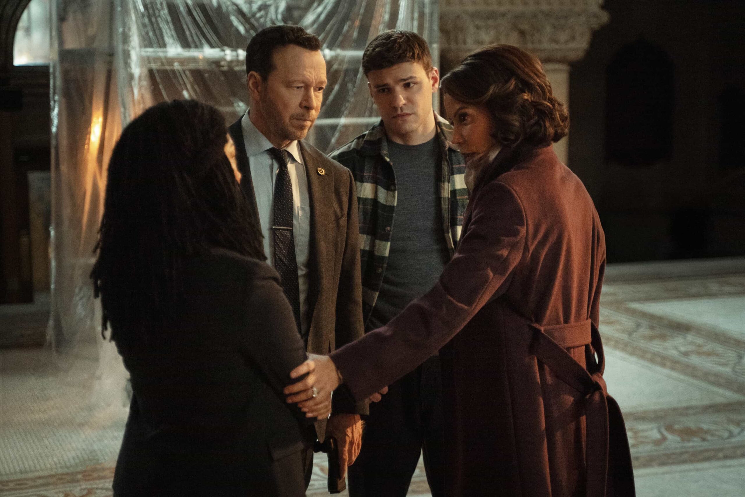 Boston Blue Season 1 Episode 10 “Hard Truths” – Jonah’s anger and grief put family bonds to the test as Mae and Sarah confront painful truths that could change everything. Meanwhile, Danny and Lena take on a high-stakes case that exposes deep-rooted secrets and forces unlikely alliances., on the CBS Original Series “BOSTON BLUE,” Friday, Feb. 26 (10:00-11:00 PM, ET/PT)    Pictured (L-R): Sonequa Martin-Green as Lena Silver, Donnie Wahlberg as Danny Reaganm Mika Amonsen as Sean Reagan, Gloria Reuben as Mae Silver  Photo: Brendan Adam-Zwelling/CBS ©2025 CBS Broadcasting, Inc. All Rights Reserved.