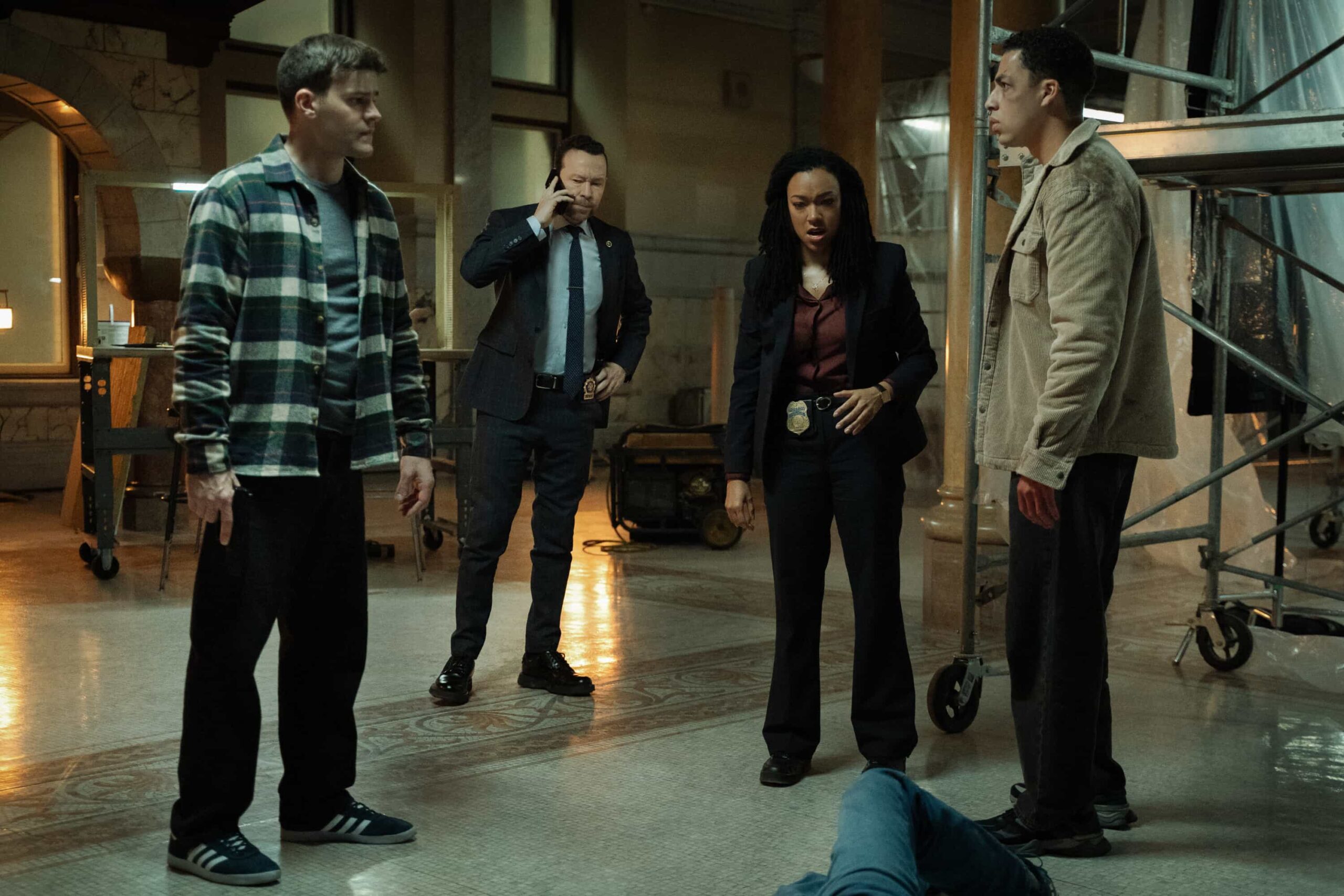 “Hard Truths” – Jonah’s anger and grief put family bonds to the test as Mae and Sarah confront painful truths that could change everything. Meanwhile, Danny and Lena take on a high-stakes case that exposes deep-rooted secrets and forces unlikely alliances., on the CBS Original Series “BOSTON BLUE,” Friday, Feb. 26 (10:00-11:00 PM, ET/PT)    Pictured (L-R): Mika Amonsen as Sean Reagan, Donnie Wahlberg as Danny Reagan, Sonequa Martin-Green as Lena Silver, and Marcus Scribner as Jonah Silver  Photo: Brendan Adam-Zwelling/CBS ©2025 CBS Broadcasting, Inc. All Rights Reserved.