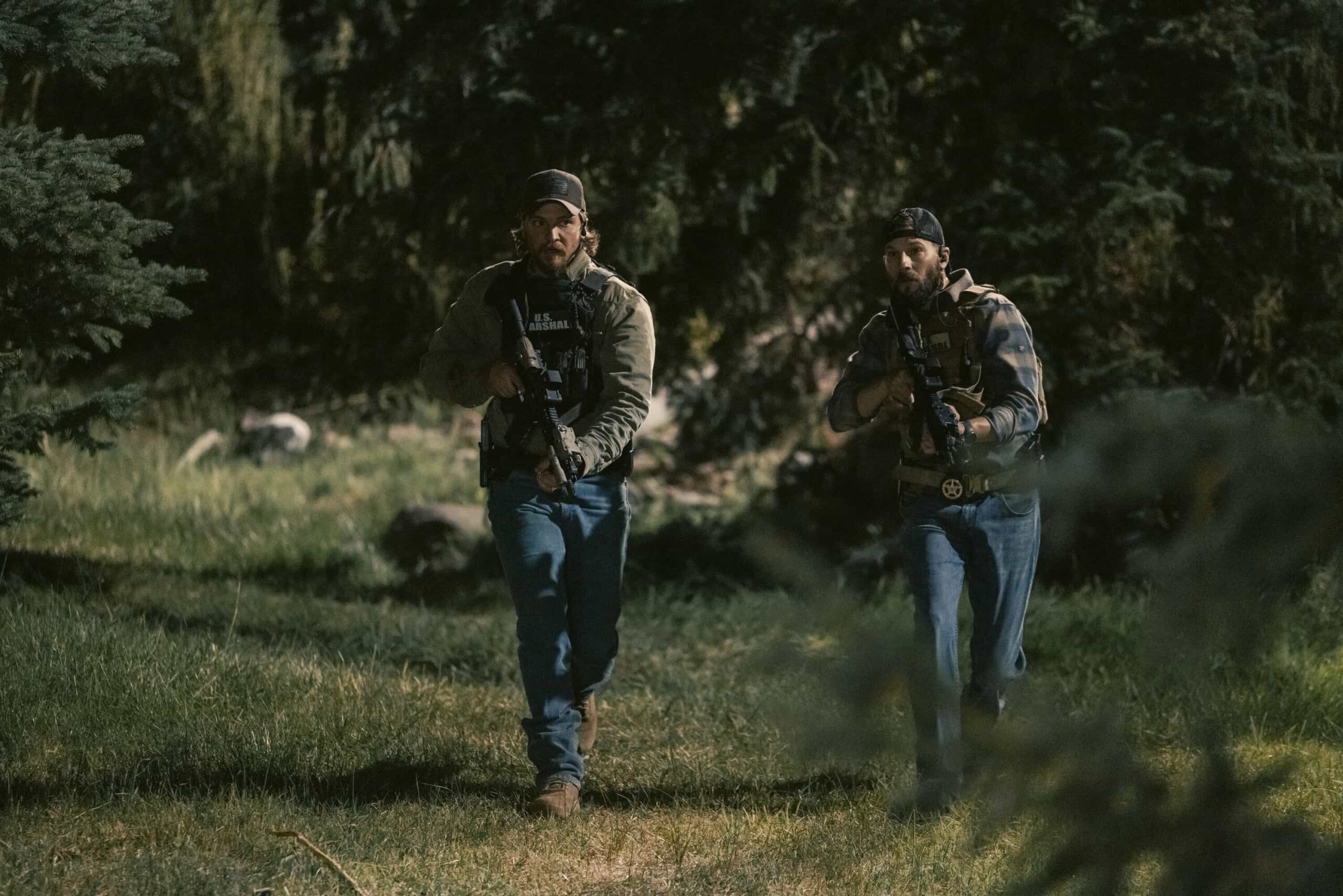 "Piya Wiconi" -- Kayce Dutton reunites with an old SEAL teammate and aids his Marshal unit in hunting down a bomber targeting Broken Rock Reservation. The trail leads to a dangerous encounter with an armed anti-government militia on the series premiere of MARSHALS, Sunday, March 1 (8:00-9:00 PM, ET/PT).  Pictured (L-R): Luke Grimes as Kayce Dutton and Logan Marshall-Green as Pete Calvin. Photo: Sonja Flemming/CBS ©2025 CBS Broadcasting, Inc. All Rights Reserved.