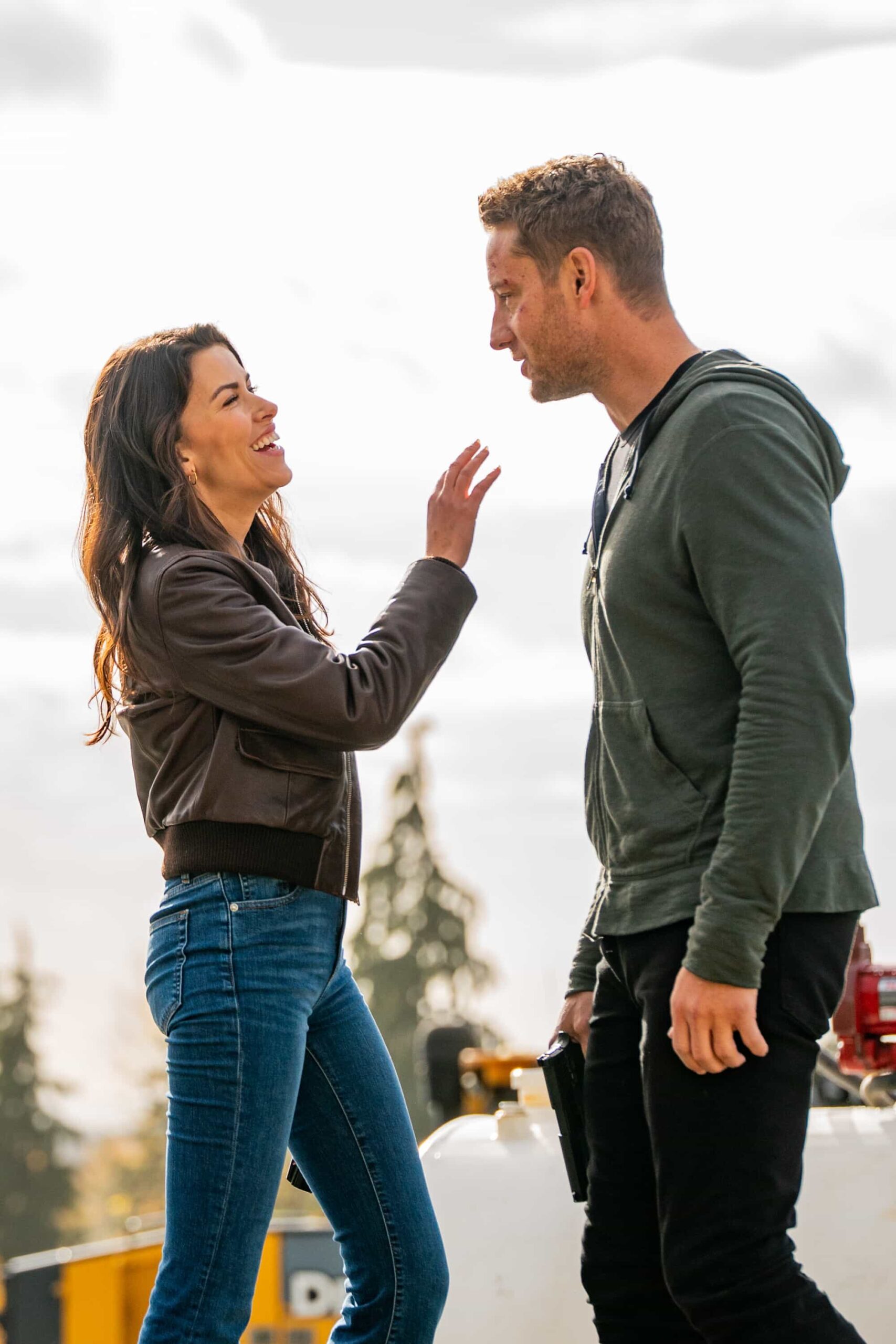 Tracker Season 3 Episode 10 "The Fall Out" -- Coverage of the CBS Original Series TRACKER, scheduled to air on the CBS Television Network.  Pictured: Sofia Pernas and Justin Hartley. Photo: Colin Bentley/CBS ©2025 CBS Broadcasting, Inc. All Rights Reserved.