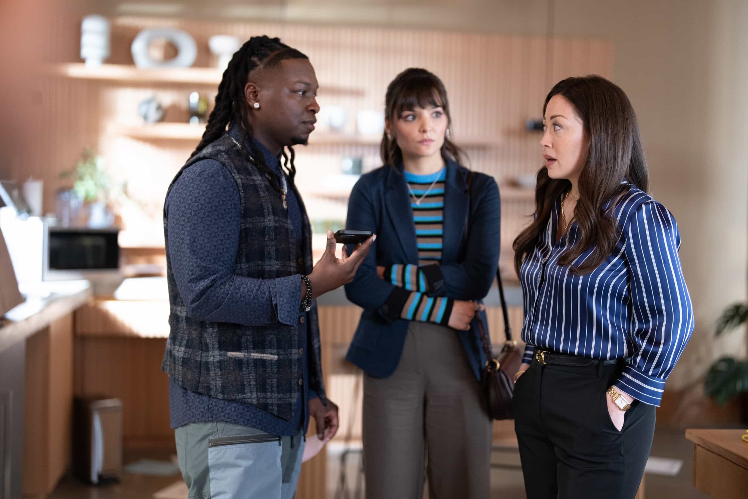"The Fall Out" -- Coverage of the CBS Original Series TRACKER, scheduled to air on the CBS Television Network.  Pictured: Chris Lee as Randy, Cassady McClincy Zhang as Mel and Fiona Rene as Reenie. Photo: Darko Sikman/CBS ©2025 CBS Broadcasting, Inc. All Rights Reserved.