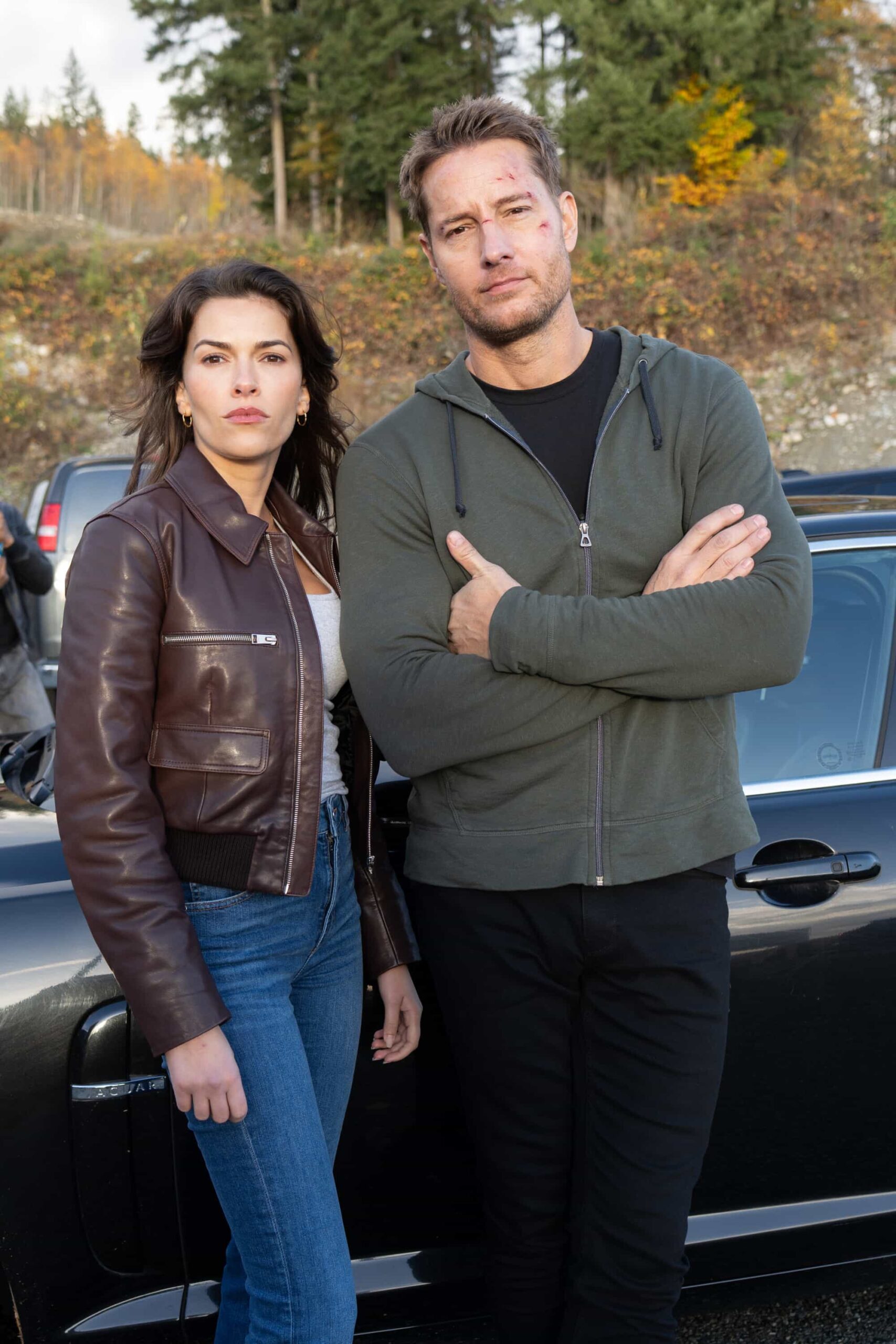 Tracker Season 3 Episode 10 "The Fall Out" -- Coverage of the CBS Original Series TRACKER, scheduled to air on the CBS Television Network.  Pictured: Sofia Pernas and Justin Hartley. Photo: Colin Bentley/CBS ©2025 CBS Broadcasting, Inc. All Rights Reserved.