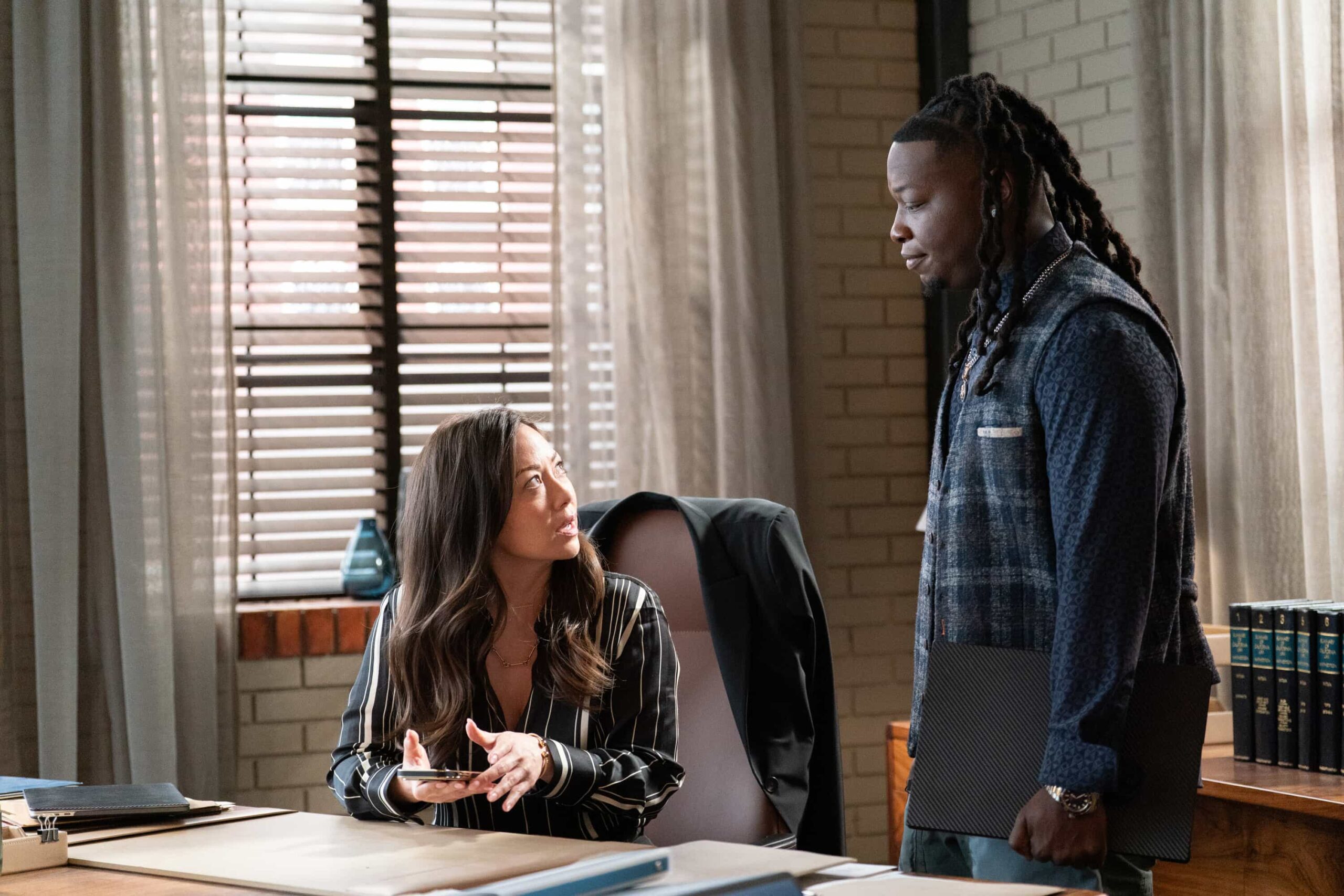 "The Fall Out" -- Coverage of the CBS Original Series TRACKER, scheduled to air on the CBS Television Network.  Pictured: Fiona Rene as Reenie and Chris Lee as Randy.. Photo: Darko Sikman/CBS ©2025 CBS Broadcasting, Inc. All Rights Reserved.