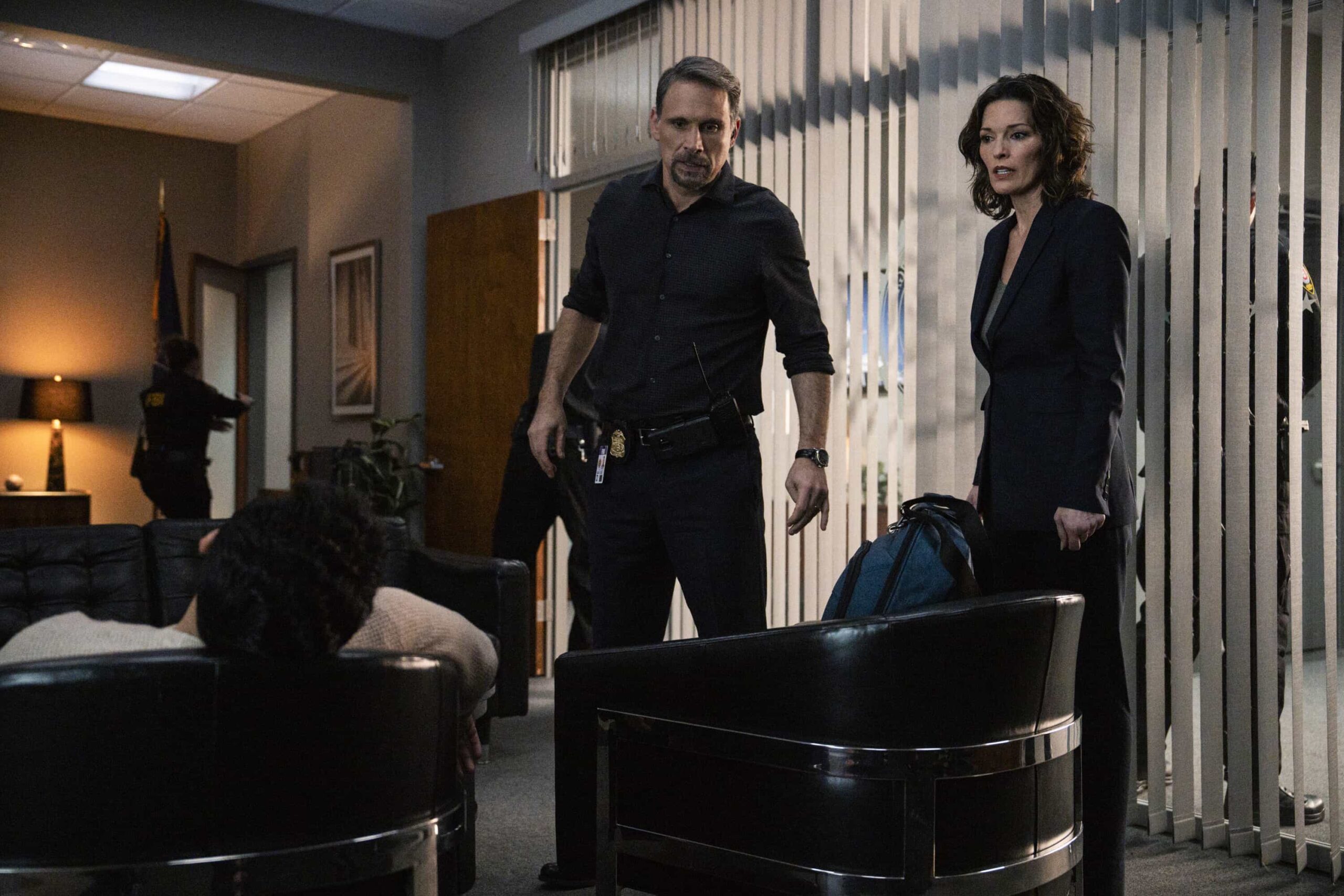 FBI Season 8 Episode 12 “Daybreak” – When a federal whistleblower is murdered while in FBI custody along with two agents, the team is stunned to find a familiar perpetrator has resurfaced. Meanwhile, OA wrestles with telling the team what is happening in his personal life, on FBI, Monday, March 2 (9:00-10:00 PM, ET/PT).  Pictured (L-R): Jeremy Sisto as Assistant Special Agent in Charge Jubal Valentine and Alana De La Garza as Special Agent in Charge Isobel Castille. Photo: Bennett Raglin/CBS ©2026 CBS Broadcasting, Inc. All Rights Reserved.