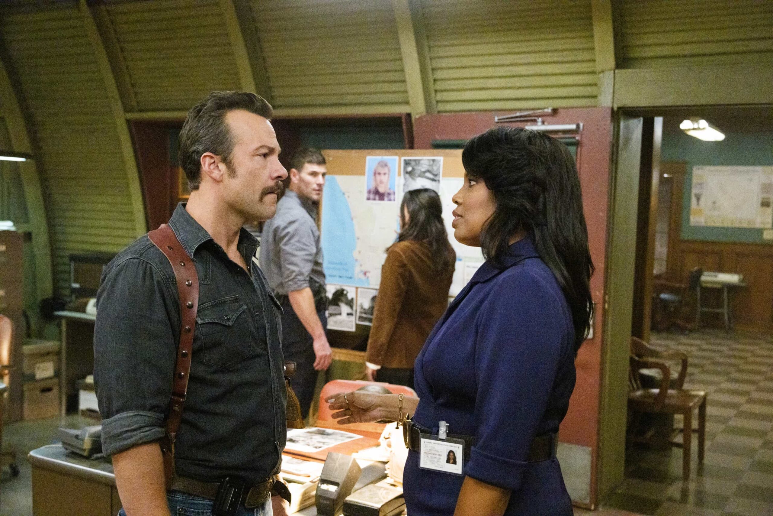 NCIS Origins Season 2 Episode 9 Image “Fools Rush In” – As the team discovers Gibbs’ drunken Vegas elopement with Diane, the newlyweds contemplate their future. Also, the team investigates a fatal movie theater bombing with a connection to the Pruitt compound where Franks’ brother Mason (guest star Philip Winchester) is staying, on NCIS: ORIGINS, Tuesday, March 3 (9:00-10:00 PM, ET/PT) on the CBS Television Network, and streaming on Paramount+ (live and on demand for Paramount+ Premium plan subscribers, or on demand for Paramount+ Essential subscribers the day after the episode airs)*.   Pictured L to R: Kyle Schmid as Mike Franks, Austin Stowell as Leroy Jethro Gibbs, Mariel Molino as Cecilia “Lala” Dominguez, and Tyla Abercrumbie as Mary Jo Hayes.  Photo: Robert Voets/CBS ©2025 CBS Broadcasting, Inc. All Rights Reserved.