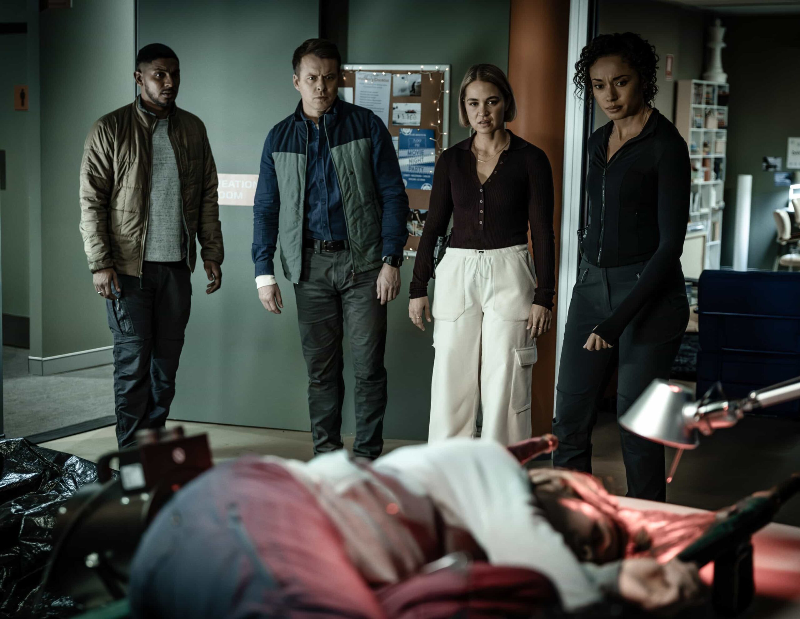 NCIS Sydney Season 3 Episode 9 Image “South of Nowhere” – The team races to an Antarctica research base to investigate why a climate scientist killed a colleague on the eve of polar night – and make it out before their plane engine freezes and they’re trapped in darkness for six months, on NCIS: SYDNEY, Tuesday, March 3 (10:00-11:00 PM, ET/PT) on the CBS Television Network, and streaming on Paramount+.  L-R: Sean Sagar as NCIS Special Agent DeShawn Jackson, Todd Lasance as AFP Liaison Officer Sergeant Jim \'JD\' Dempsey, Tuuli Narkle as AFP Liaison Officer Constable Evie Cooper, and Olivia Swann as NCIS Special Agent Captain Michelle Mackey in NCIS: Sydney episode 9, season 3 streaming on Paramount+, 2026. Photo Credit:  Daniel Asher Smith/Paramount+   © TM & © 2026 CBS Studios Inc. NCIS: Sydney and related marks and logos  are trademarks of CBS Studios Inc. All Rights Reserved.