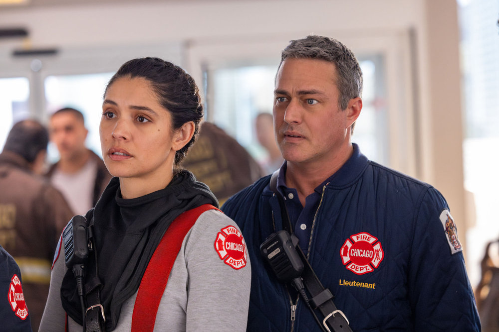 CHICAGO MED Season 11 Episode 13 -- "Reckoning, Part 2" Episode 1113 -- Pictured: (l-r) Miranda Rae Mayo as Stella Kidd, Taylor Kinney as Kelly Severide -- (Photo by: George Burns Jr/NBC)