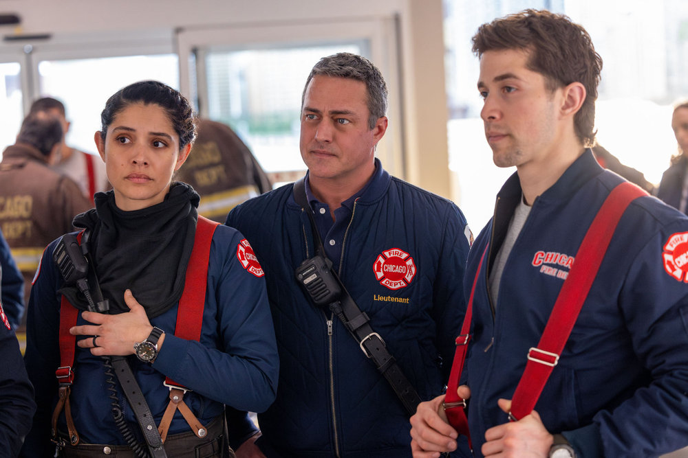 CHICAGO MED -- "Reckoning, Part 2" Episode 1113 -- Pictured: (l-r) Miranda Rae Mayo as Stella Kidd, Taylor Kinney as Kelly Severide, Brandon Larracuente as Sal Vasquez -- (Photo by: George Burns Jr/NBC)