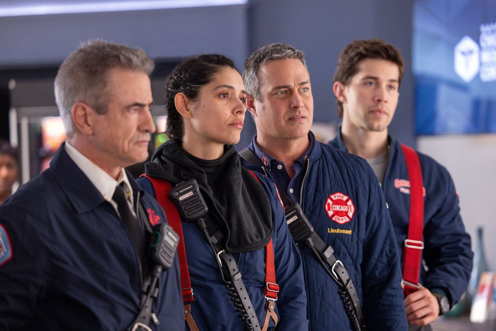 CHICAGO MED -- "Reckoning, Part 2" Episode 1113 -- Pictured: (l-r) Dermot Mulroney as Dom Pascal, Miranda Rae Mayo as Stella Kidd, Taylor Kinney as Kelly Severide, Brandon Larracuente as Sal Vasquez -- (Photo by: George Burns Jr/NBC)