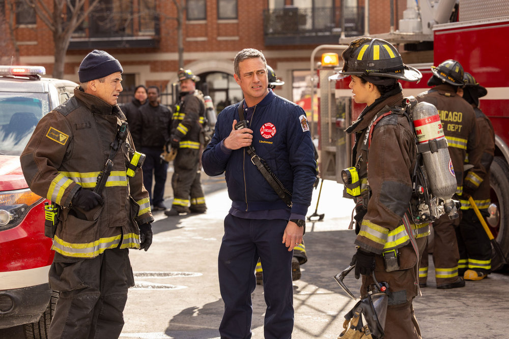 CHICAGO MED -- "Reckoning, Part 2" Episode 1113 -- Pictured: (l-r) Dermot Mulroney as Dom Pascal, Taylor Kinney as Kelly Severide, Miranda Rae Mayo as Stella Kidd -- (Photo by: George Burns Jr/NBC)