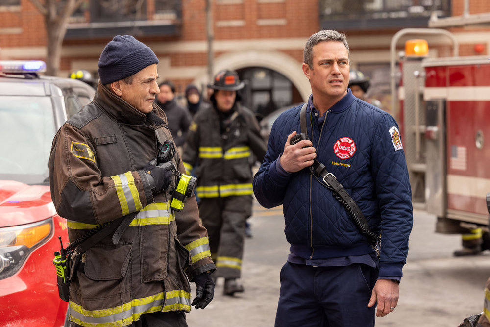 CHICAGO MED -- "Reckoning, Part 2" Episode 1113 -- Pictured: (l-r) Dermot Mulroney as Dom Pascal, Taylor Kinney as Kelly Severide -- (Photo by: George Burns Jr/NBC)