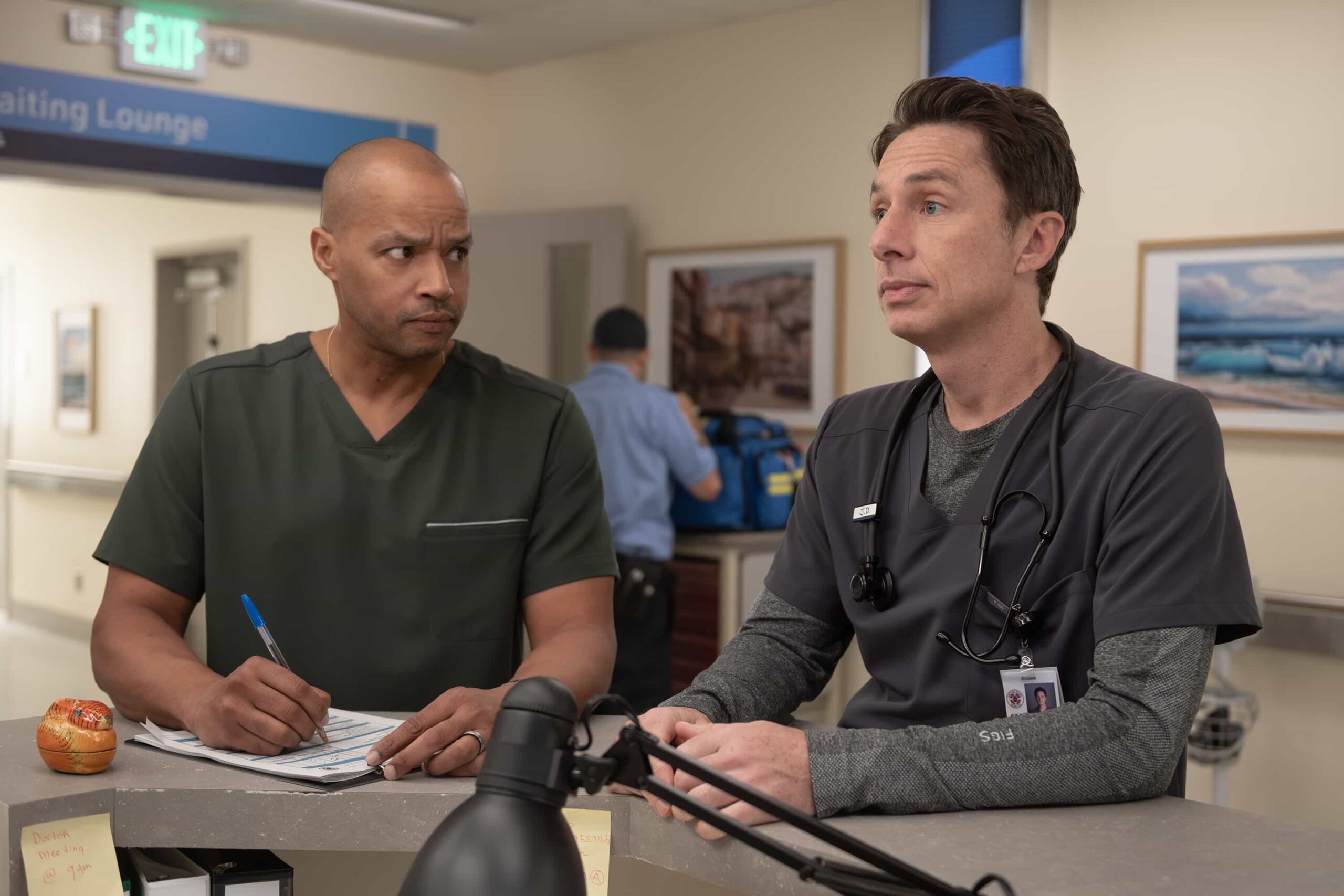 SCRUBS Season 10 Episode 3 - “My Rom-Com” - Elliot faces a dilemma with a stubborn patient, while J.D. discovers online doctor reviews. Meanwhile, Turk teaches his interns about new surgical technology and unexpected life lessons. WEDNESDAY, MARCH 4 (8:00-8:30 p.m. EST) on ABC. (Disney/Sergei Bachlakov) 
DONALD FAISON, ZACH BRAFF