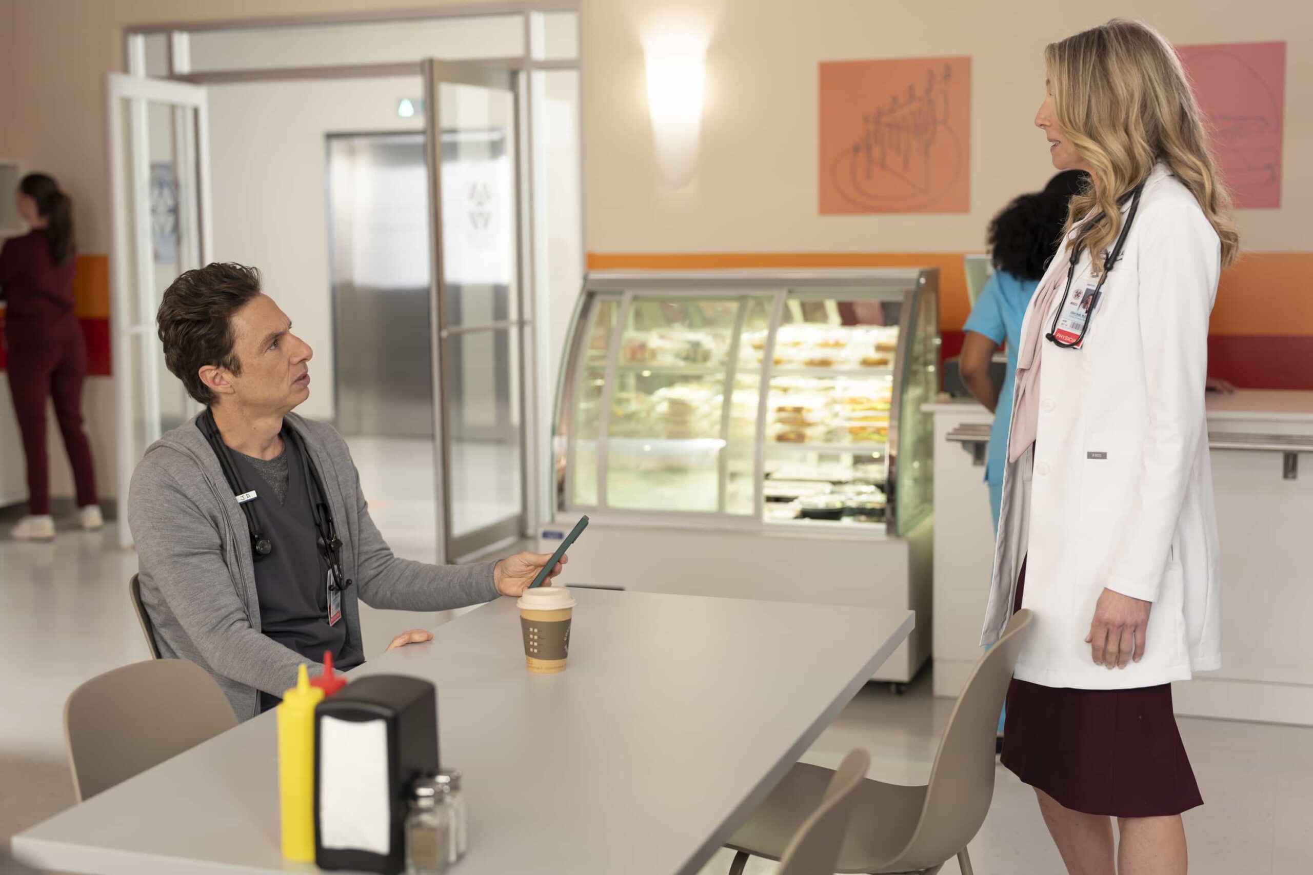 SCRUBS Season 10 Episode 3 - “My Rom-Com” - Elliot faces a dilemma with a stubborn patient, while J.D. discovers online doctor reviews. Meanwhile, Turk teaches his interns about new surgical technology and unexpected life lessons. WEDNESDAY, MARCH 4 (8:00-8:30 p.m. EST) on ABC. (Disney/Darko Sikman) 
ZACH BRAFF, SARAH CHALKE
