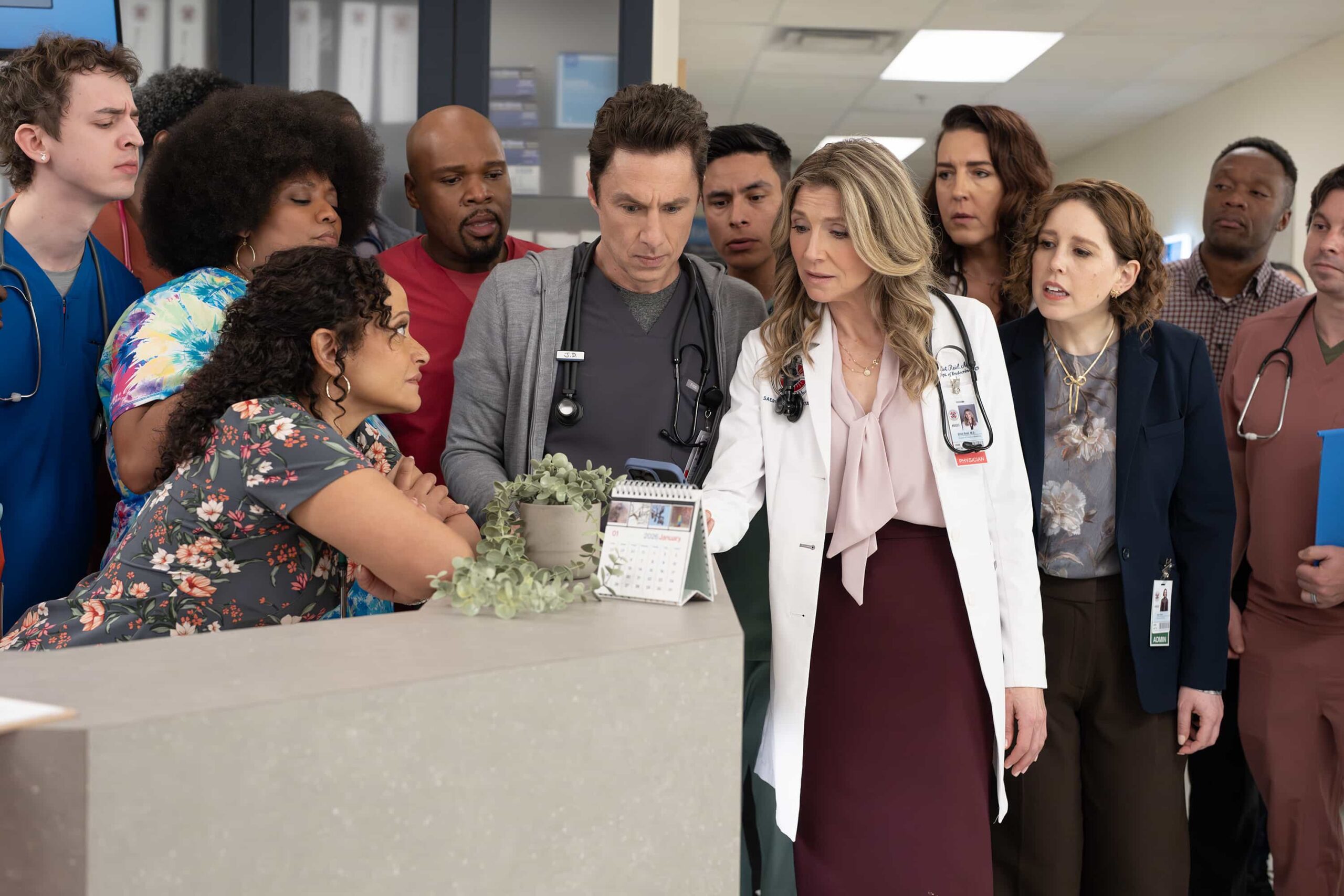 SCRUBS Season 10 Episode 3 - “My Rom-Com” - Elliot faces a dilemma with a stubborn patient, while J.D. discovers online doctor reviews. Meanwhile, Turk teaches his interns about new surgical technology and unexpected life lessons. WEDNESDAY, MARCH 4 (8:00-8:30 p.m. EST) on ABC. (Disney/Darko Sikman) 
X MAYO, JUDY REYES, MICHAEL JAMES SCOTT, ZACH BRAFF, SARAH CHALKE, VANESSA BAYER