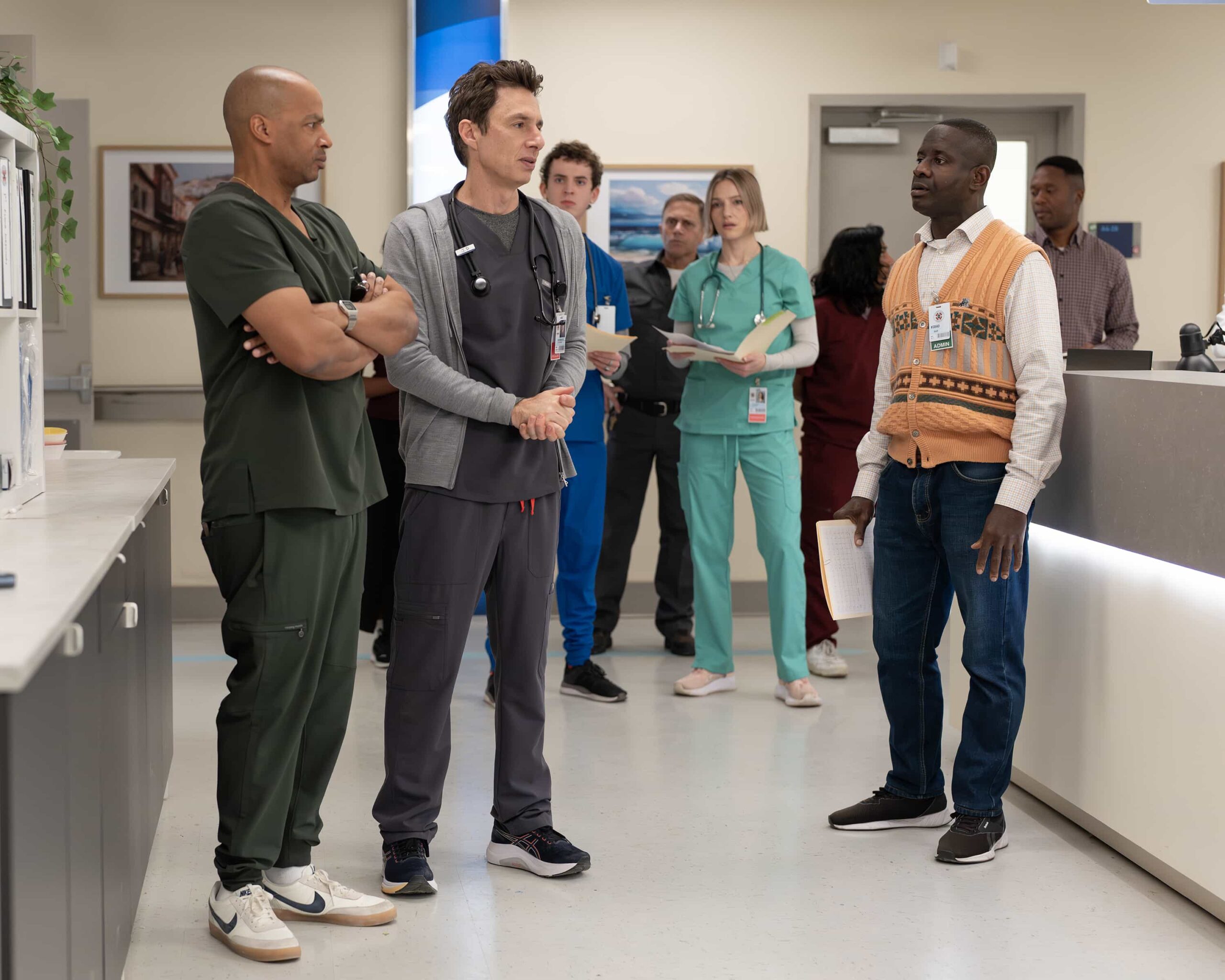 SCRUBS Season 10 Episode 3- “My Rom-Com” - Elliot faces a dilemma with a stubborn patient, while J.D. discovers online doctor reviews. Meanwhile, Turk teaches his interns about new surgical technology and unexpected life lessons. WEDNESDAY, MARCH 4 (8:00-8:30 p.m. EST) on ABC. (Disney/Darko Sikman) 
DONALD FAISON, ZACH BRAFF