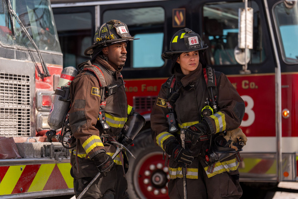 CHICAGO FIRE Season 14 Episode 13 Picture -- "Reckoning, Part 1" Episode 1413 -- Pictured: (l-r) Dandrell Scott as Briggs, Carlita Tucker as Macy -- (Photo by: Peter Gordon/NBC)