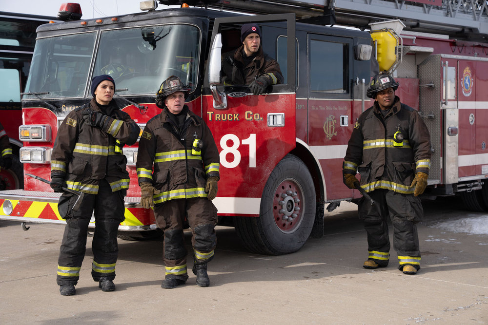 CHICAGO FIRE -- "Reckoning, Part 1" Episode 1413 -- Pictured: (l-r) Miranda Rae Mayo as Stella Kidd, David Eigenberg as Christopher Herrmann, Brandon Larracuente as Sal Vasquez, Leroy Williams III as Ballard -- (Photo by: Peter Gordon/NBC)
