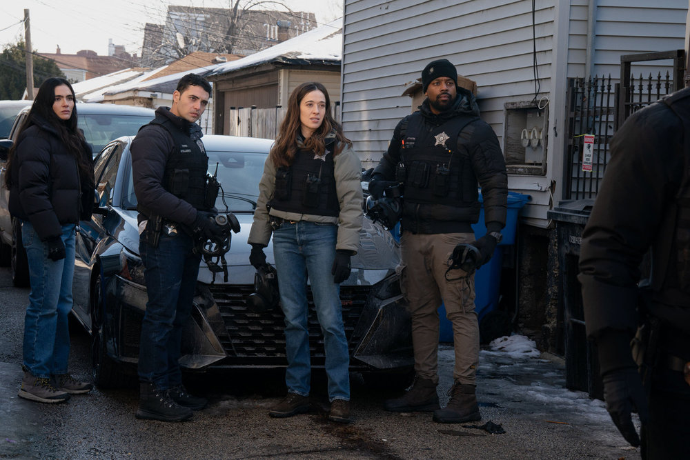 CHICAGO P.D. -- "Reckoning, Part 3" Episode 1313 -- Pictured: (l-r) Arienne Mandi as Eva Imani, Benjamin Levy Aguilar as Dante Torres, Marina Squerciati as Officer Kim Burgess, LaRoyce Hawkins as Officer Kevin Atwater -- (Photo by: Elizabeth Sisson/NBC)