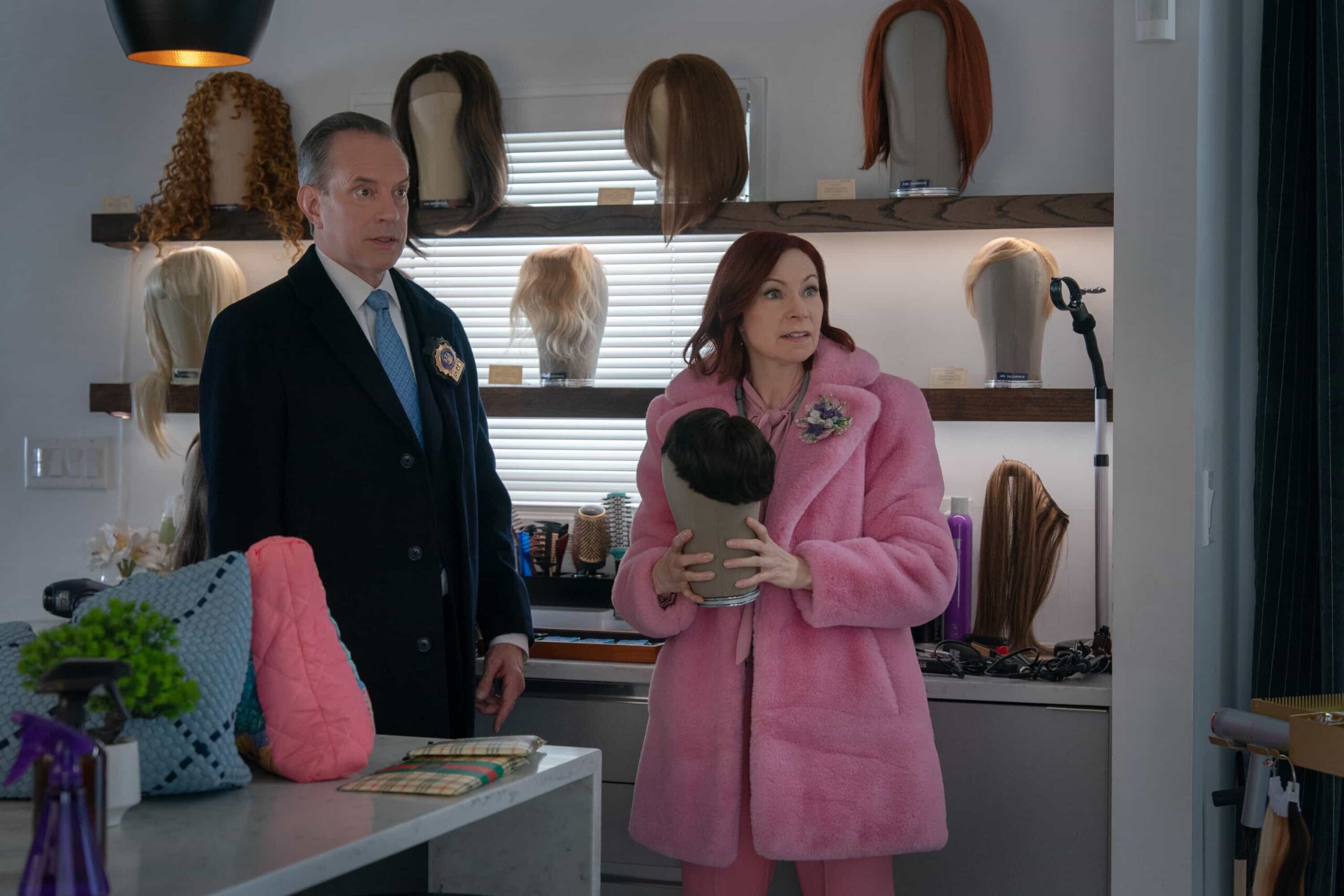 “All’s Hair” – When a celebrity wigmaker is murdered, Elsbeth must comb through a tangled mess of suspects – and some drag brunch mayhem – to clip a killer, on ELSBETH, Thursday, March 5 (10:00-11:00 PM, ET/PT) on the CBS Television Network, and streaming on Paramount+  Pictured (L-R):  Danny Mastrogiorgio as Detective Smullen and Carrie Preston as Elsbeth Tascioni   Photo: Michael Parmelee/CBS ©2025 CBS Broadcasting, Inc. All Rights Reserved.