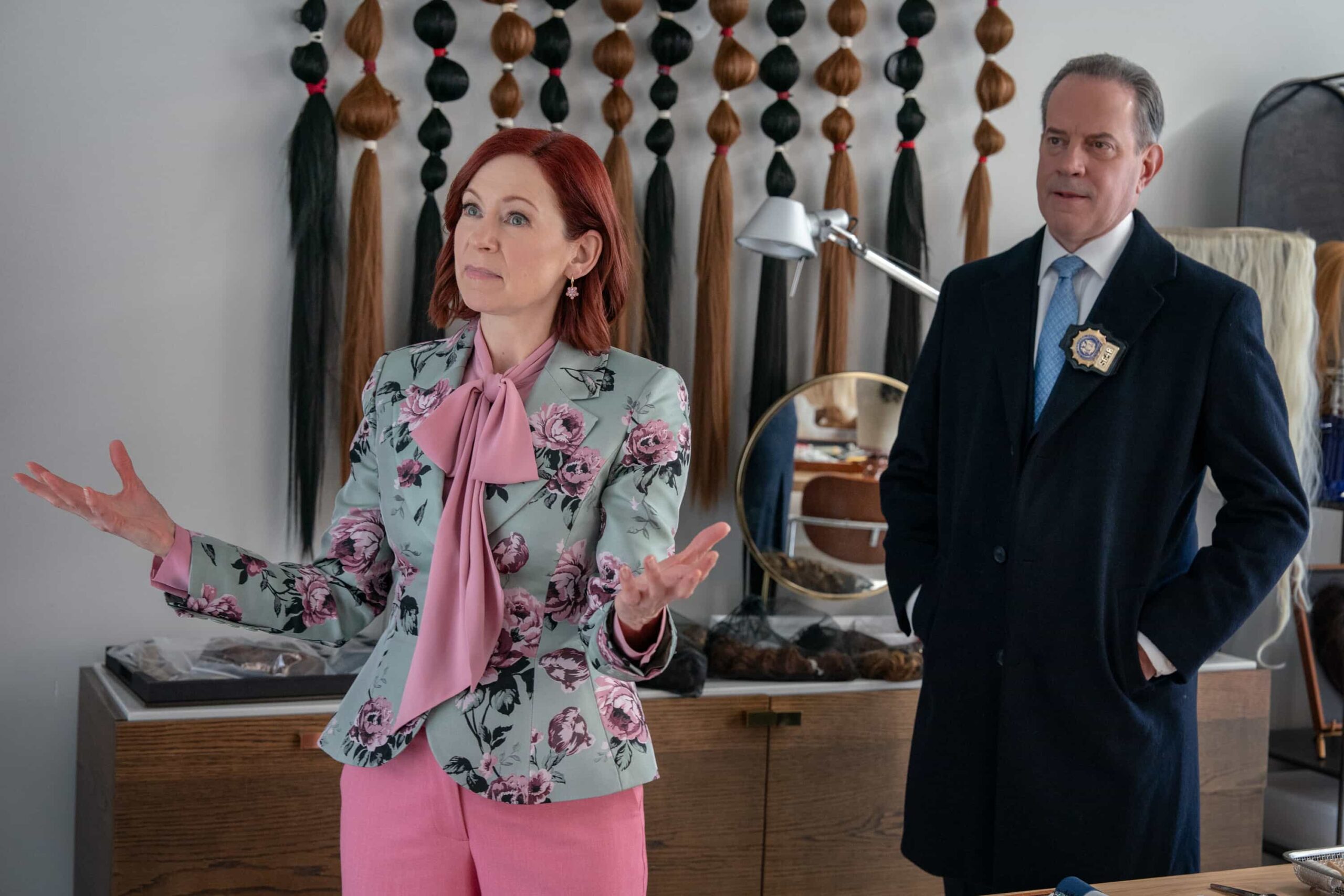 Elsbeth Season 3 Episode 12 Picture “All’s Hair” – When a celebrity wigmaker is murdered, Elsbeth must comb through a tangled mess of suspects – and some drag brunch mayhem – to clip a killer, on ELSBETH, Thursday, March 5 (10:00-11:00 PM, ET/PT) on the CBS Television Network, and streaming on Paramount+  Pictured (L-R):  Carrie Preston as Elsbeth Tascioni and Danny Mastrogiorgio as Detective Smullen   Photo: Michael Parmelee/CBS ©2025 CBS Broadcasting, Inc. All Rights Reserved.