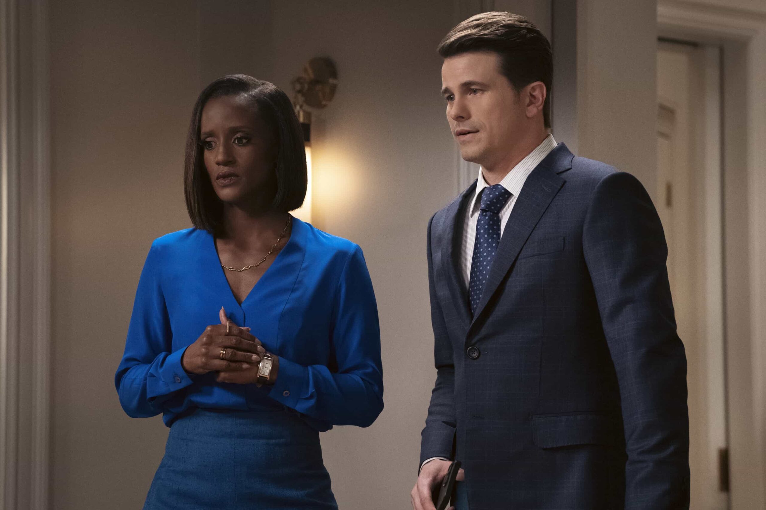 Matlock Season 2 Episode 10 Image “The Greater Good” – Matty and Olympia navigate a new trust dynamic with Julian as he accompanies Matty to surveil the ex-wife of a Wellbrexa exec. Meanwhile, Hunter, a member of the firm’s floater pool, assists Olympia, Matty and Sarah on a manslaughter case involving a health care worker, on MATLOCK, Thursday, March 5 (9:01-10:00 PM, ET/PT). Pictured (L-R): Skye P. Marshall as “Olympia Lawrence” and Jason Ritter as “Julian Markston.” Photo: Michael Yarish/CBS ©2025 CBS Broadcasting, Inc. All Rights Reserved.