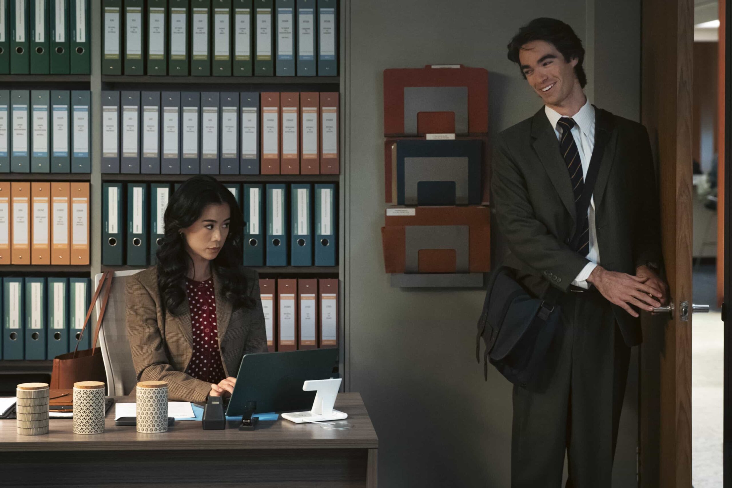 Matlock Season 2 Episode 10 Photo “The Greater Good” – Matty and Olympia navigate a new trust dynamic with Julian as he accompanies Matty to surveil the ex-wife of a Wellbrexa exec. Meanwhile, Hunter, a member of the firm’s floater pool, assists Olympia, Matty and Sarah on a manslaughter case involving a health care worker, on MATLOCK, Thursday, March 5 (9:01-10:00 PM, ET/PT).  Pictured (L-R): Leah Lewis as “Sarah Franklin.” And Henry Haber as "Hunter Langley.” Photo: Michael Yarish/CBS ©2025 CBS Broadcasting, Inc. All Rights Reserved.