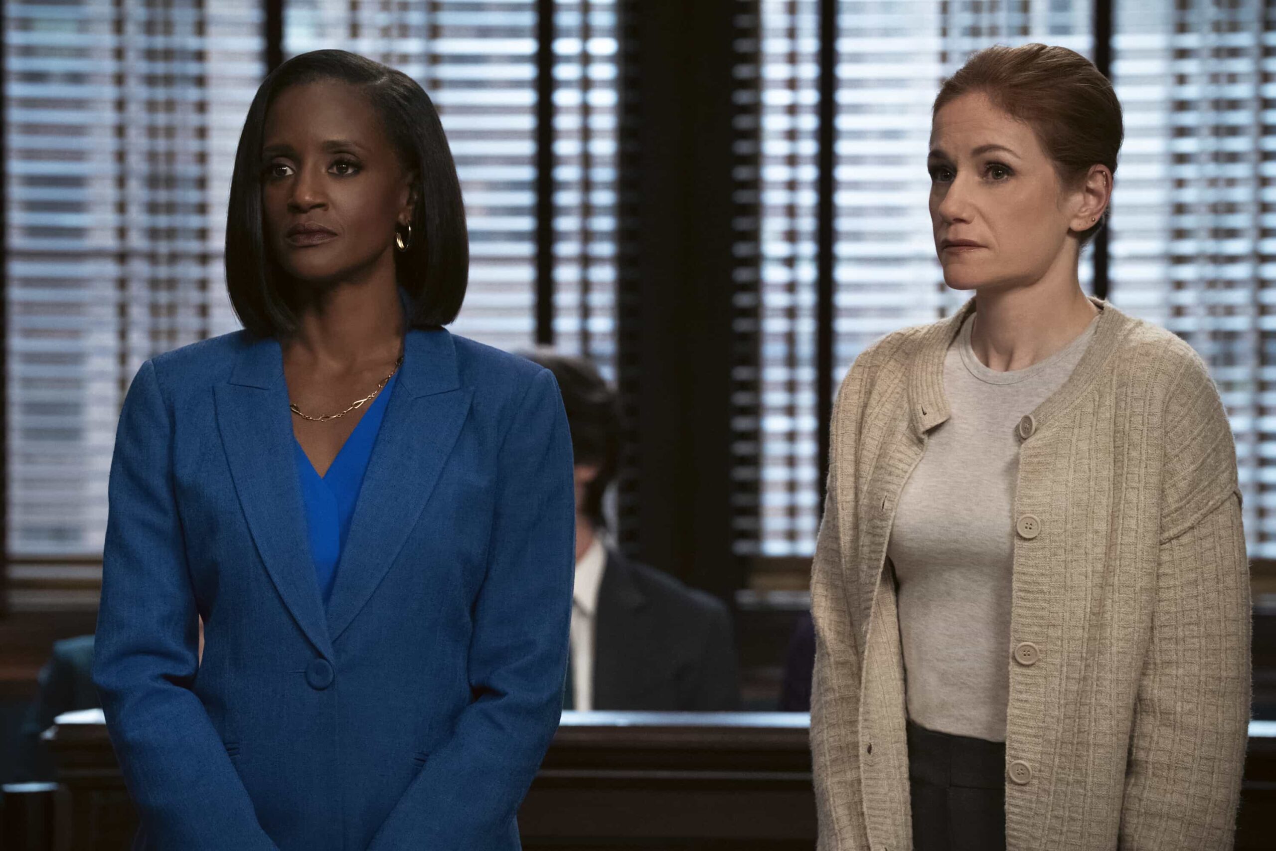 “The Greater Good” – Matty and Olympia navigate a new trust dynamic with Julian as he accompanies Matty to surveil the ex-wife of a Wellbrexa exec. Meanwhile, Hunter, a member of the firm’s floater pool, assists Olympia, Matty and Sarah on a manslaughter case involving a health care worker, on MATLOCK, Thursday, March 5 (9:01-10:00 PM, ET/PT). Pictured (L-R): Skye P. Marshall as “Olympia Lawrence” and Erica Piccininni as “Louise Pullinkski.”  Photo: Michael Yarish/CBS ©2025 CBS Broadcasting, Inc. All Rights Reserved.