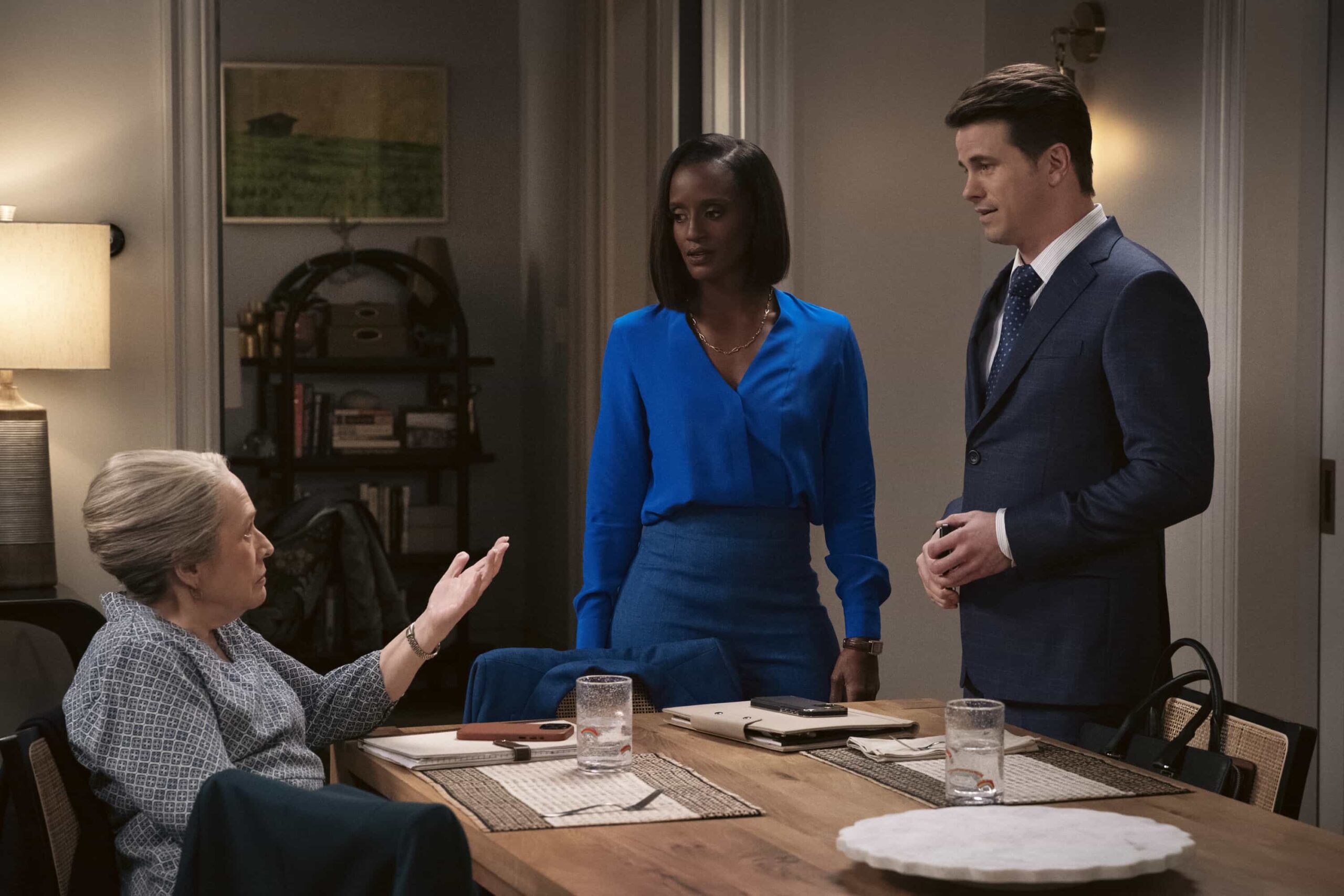 Matlock Season 2 Episode 10 Picture “The Greater Good” – Matty and Olympia navigate a new trust dynamic with Julian as he accompanies Matty to surveil the ex-wife of a Wellbrexa exec. Meanwhile, Hunter, a member of the firm’s floater pool, assists Olympia, Matty and Sarah on a manslaughter case involving a health care worker, on MATLOCK, Thursday, March 5 (9:01-10:00 PM, ET/PT). Pictured (L-R): Kathy Bates as “Madeline Matlock,” Skye P. Marshall as “Olympia Lawrence” and Jason Ritter as “Julian Markston.” Photo: Michael Yarish/CBS ©2025 CBS Broadcasting, Inc. All Rights Reserved.