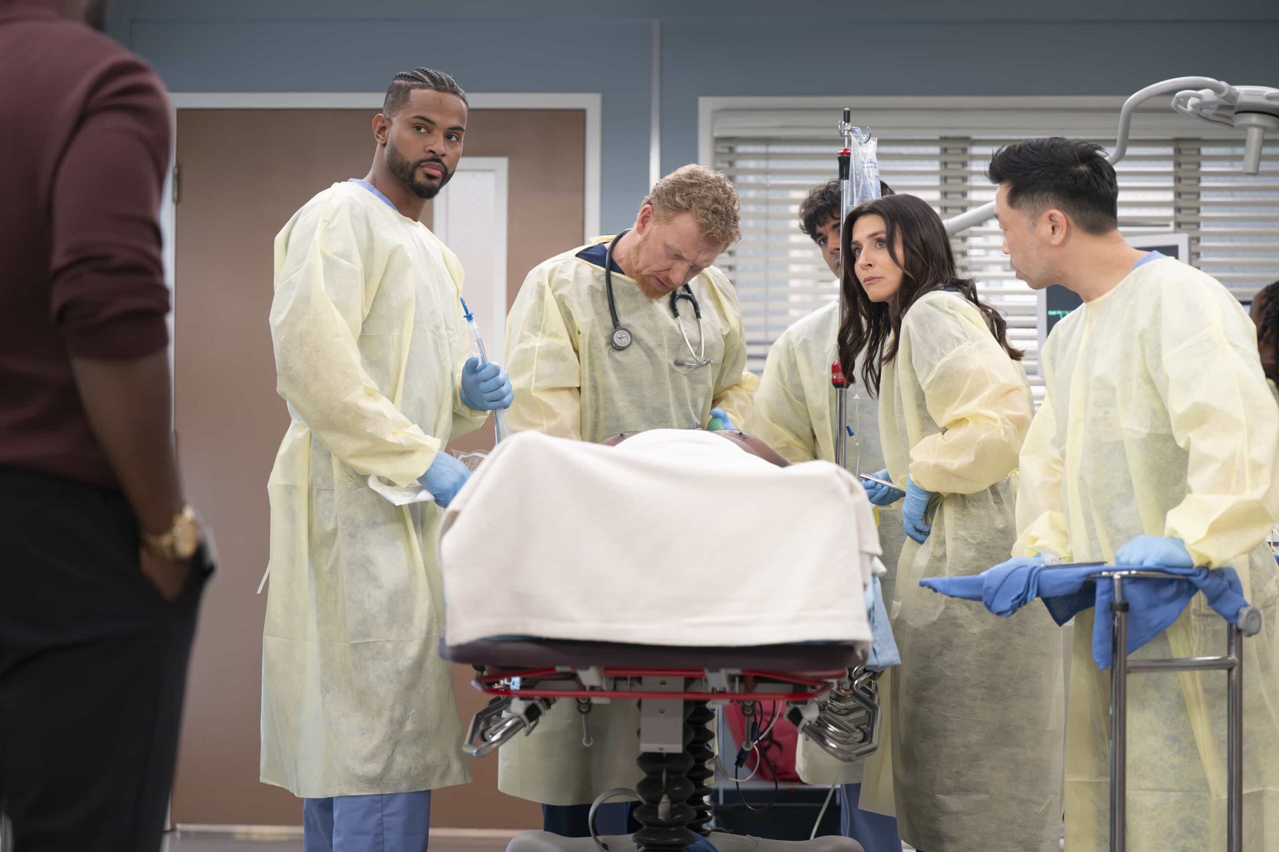 Grey's Anatomy Season 22 Episode 12 Promo - “Get Lucky” - Tensions rise as Teddy and Winston take on a complex procedure, while Kavita and Ben try and impress the new plastics attending. Jo and Link leave the babies with a nanny for the first time. THURSDAY, MARCH 5 (10:00-11:00 p.m. EST) on ABC. (Disney/Anne Marie Fox) 
TREVOR JACKSON, KEVIN MCKIDD, NIKO TERHO, CATERINA SCORSONE