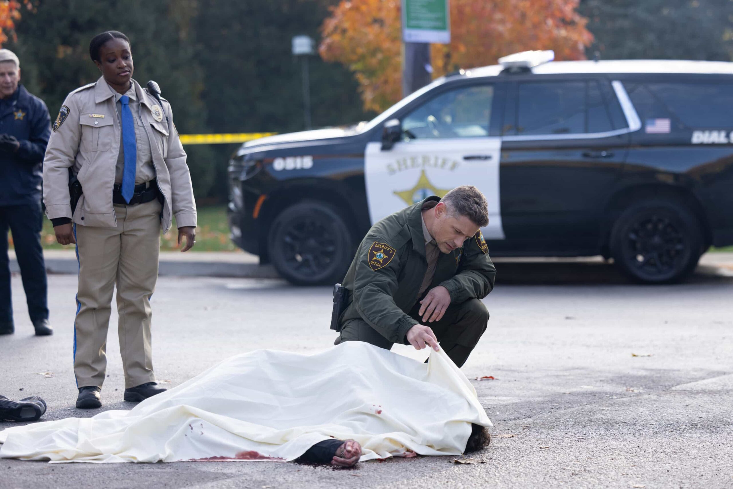“The Aftermath” – When a courthouse security test ends in a shocking murder, Sheriff Mickey Fox uncovers a dangerous conspiracy reaching deep into Edgewater’s justice system.Pictured: Cherene Francis as CHP Agent and Matt Lauria as Boone. Photo: Darren Goldstein/CBS ©2025 CBS Broadcasting, Inc. All Rights Reserved.