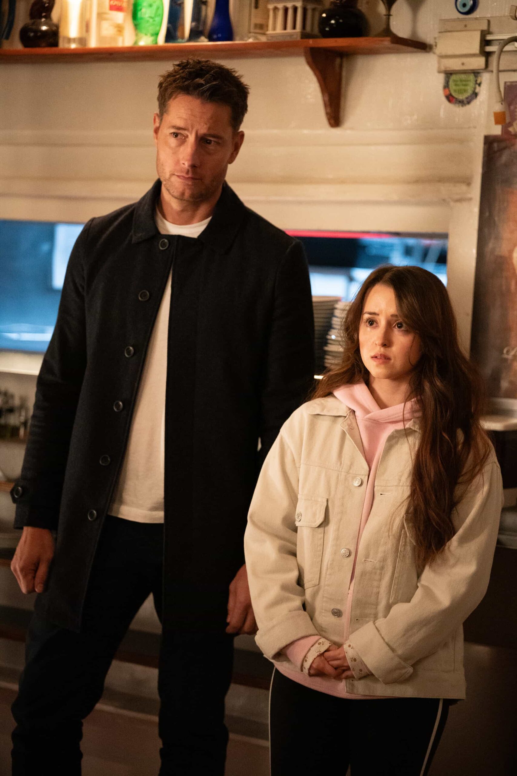 Tracker Season 3 Episode 11 “To the Bone” – When an 18-year-old goes missing from his family’s restaurant, Colter uncovers the teen’s underground fake ID business and the secret life he’s been hiding from his parents.Pictured: Justin Hartley as Colter Shaw and Andrea Abreu as Kendall. Photo: Colin Bentley/CBS ©2025 CBS Broadcasting, Inc. All Rights Reserved.