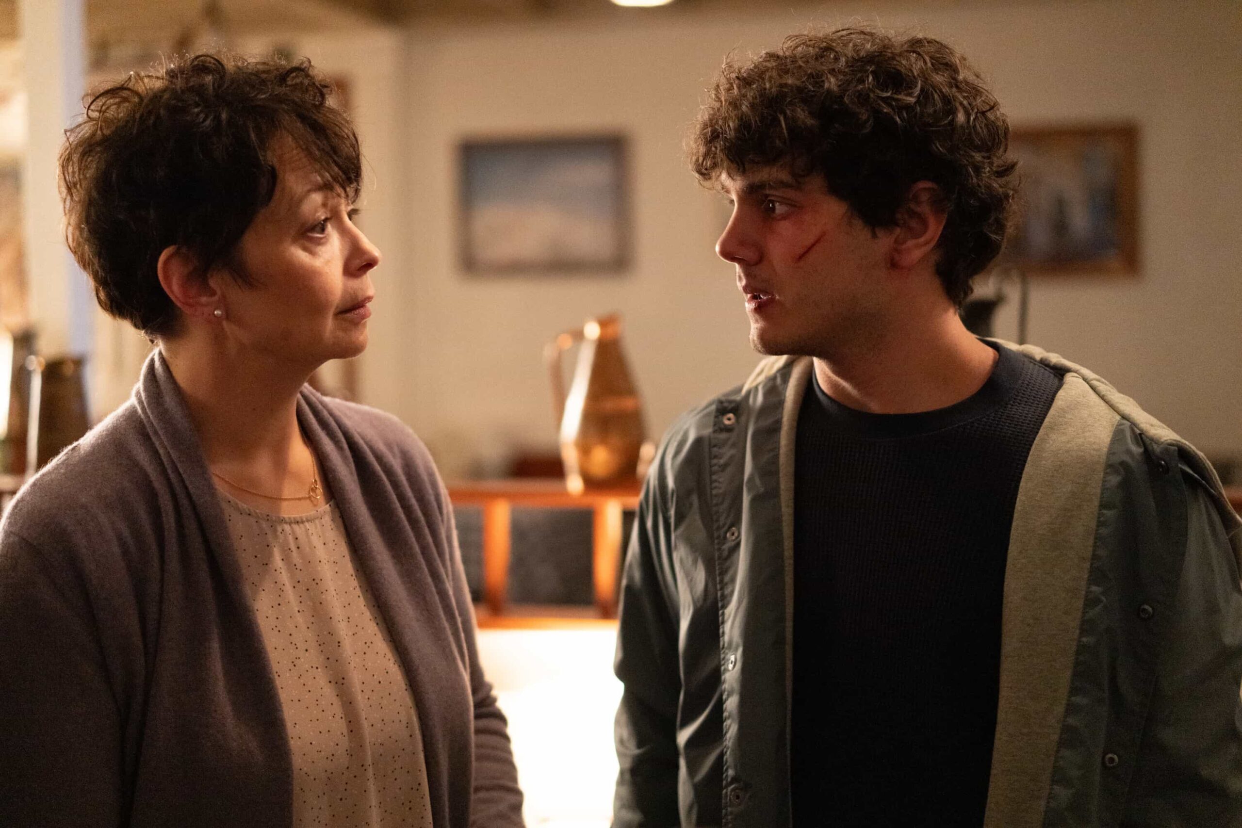 Tracker Season 3 Episode 11 “To the Bone” – When an 18-year-old goes missing from his family’s restaurant, Colter uncovers the teen’s underground fake ID business and the secret life he’s been hiding from his parents.Pictured: Sarah Strange as Antonia Pateras and Ben Krieger as Ben Pateras. Photo: Colin Bentley/CBS ©2025 CBS Broadcasting, Inc. All Rights Reserved.