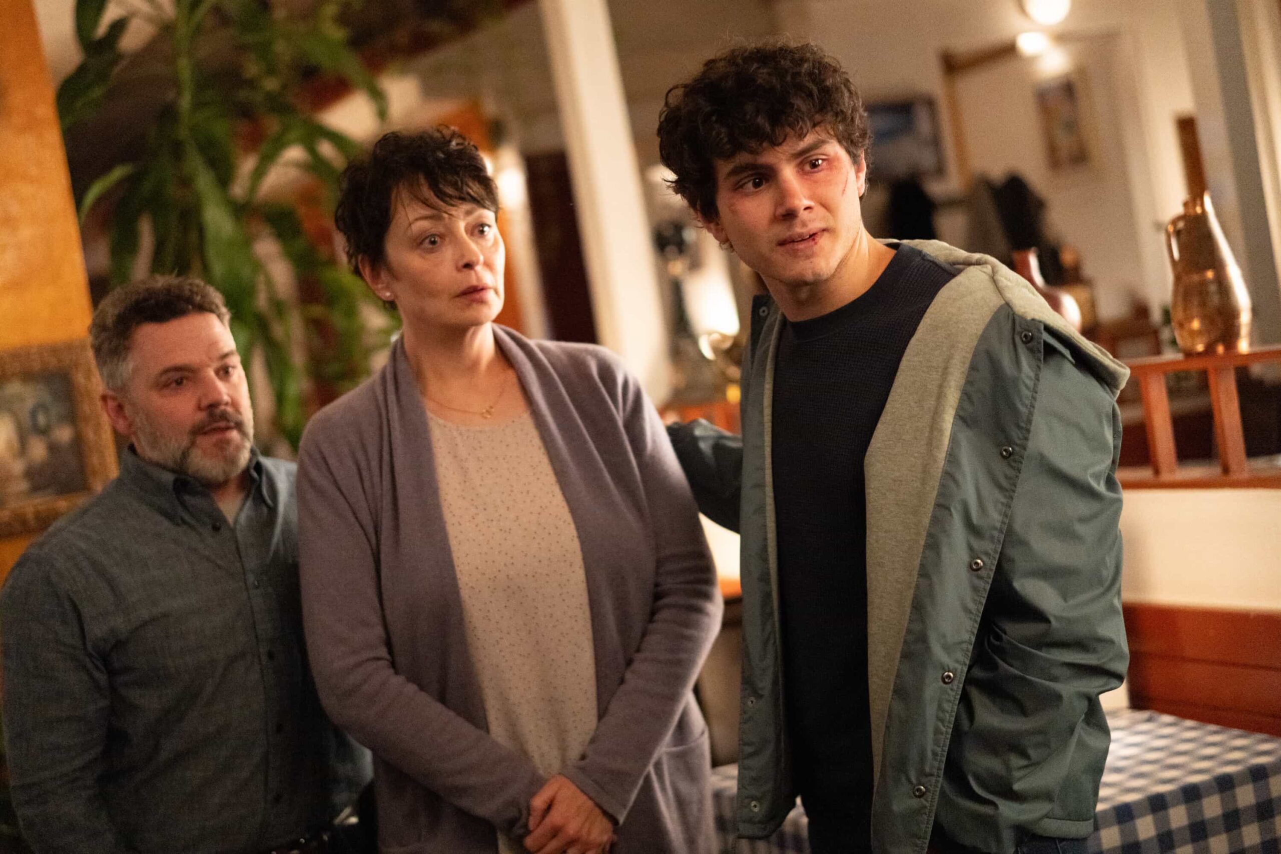 Tracker Season 3 Episode 11 “To the Bone” – When an 18-year-old goes missing from his family’s restaurant, Colter uncovers the teen’s underground fake ID business and the secret life he’s been hiding from his parents.Pictured: Joshua Bitton as Stath Pateras, Sarah Strange as Antonia Pateras and Ben Krieger as Ben Pateras. Photo: Colin Bentley/CBS ©2025 CBS Broadcasting, Inc. All Rights Reserved.