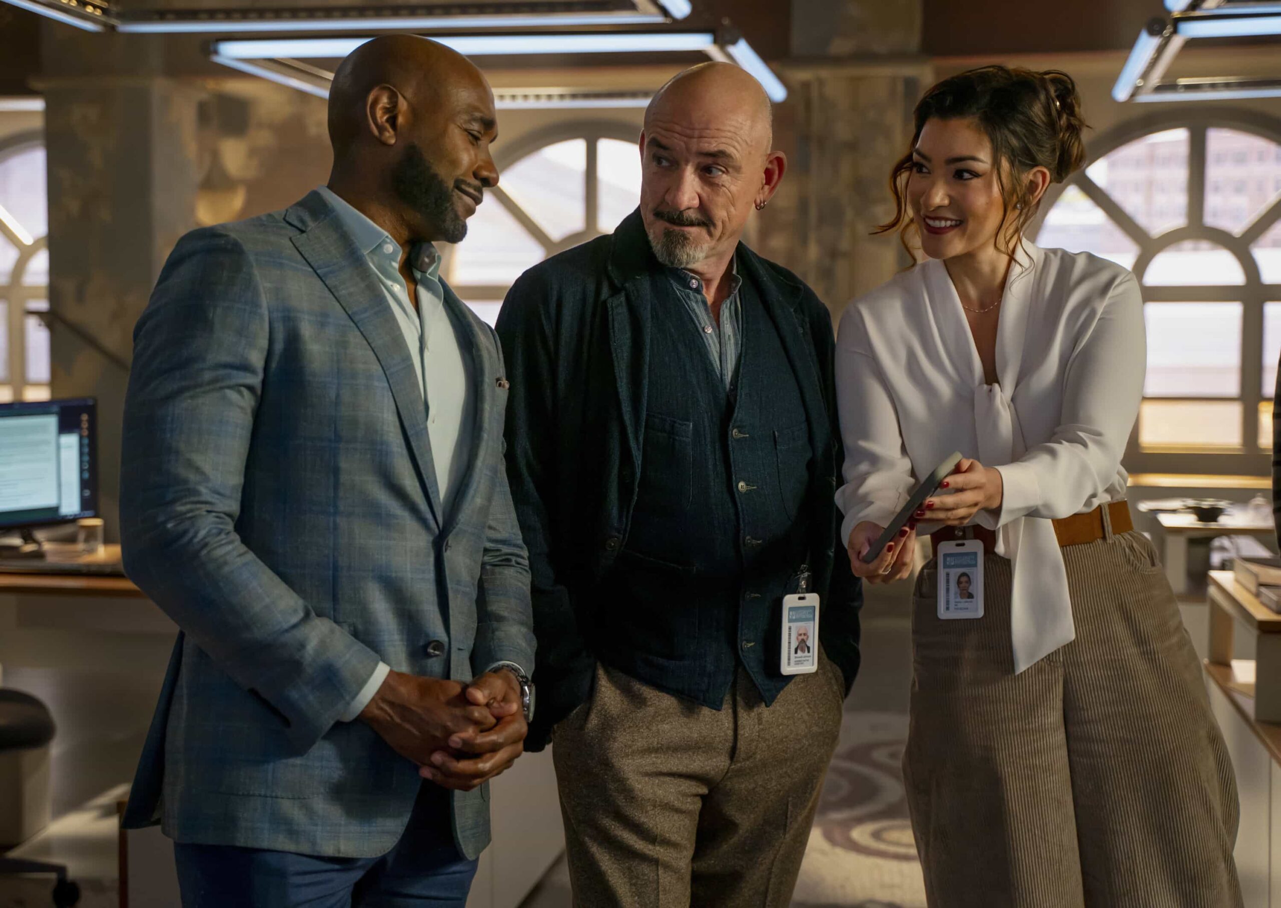 Watson Season 2 Episode 12 “A Family Meal” - When a patient arrives at the Holmes Clinic plagued by a mysterious neurological disorder, Watson and the fellows discover they were forced to eat their parents amid a childhood survival incident. Meanwhile, Adam is struggling with how his future will change as a father, on WATSON, Sunday, March 1 (10:00-11:00 PM, ET/PT) on the CBS Television Network, and streaming on Paramount+  Pictured (L-R): Morris Chestnut as Dr. John Watson, Ritchie Coster as Shinwell Johnson, and Inga Schlingmann as Dr. Sasha Lubbock  Photo: Colin Bentley/CBS ©2025 CBS Broadcasting, Inc. All Rights Reserved.