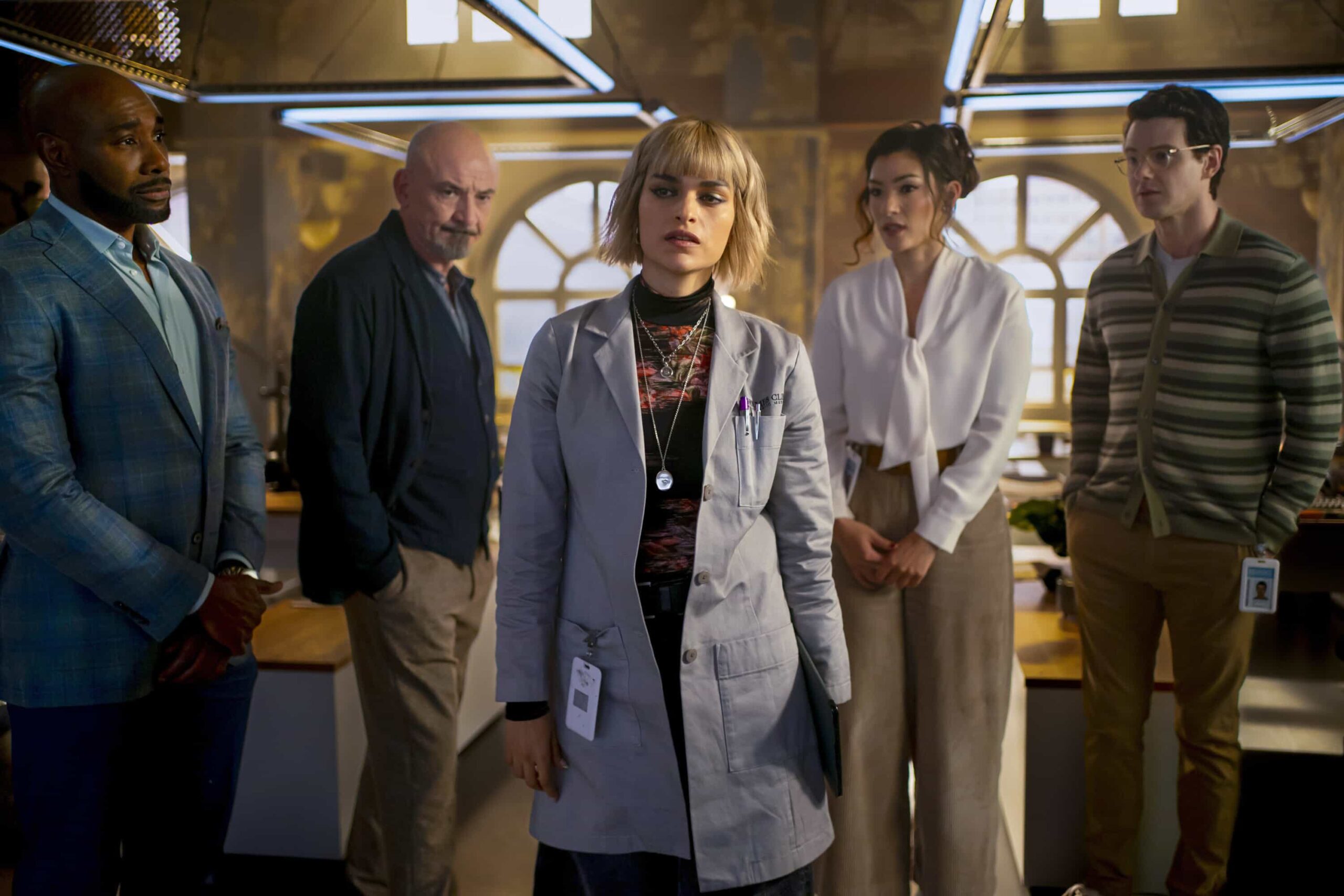 Watson Season 2 Episode 12 “A Family Meal” - When a patient arrives at the Holmes Clinic plagued by a mysterious neurological disorder, Watson and the fellows discover they were forced to eat their parents amid a childhood survival incident. Meanwhile, Adam is struggling with how his future will change as a father, on WATSON, Sunday, March 1 (10:00-11:00 PM, ET/PT) on the CBS Television Network, and streaming on Paramount+  Pictured (L-R): Morris Chestnut as Dr. John Watson, Ritchie Coster as Shinwell Johnson, Eve Harlow as Dr. Ingrid Derian, Inga Schlingmann as Dr. Sasha Lubbock, and Peter Mark Kendall as Dr. Stephens Croft  Photo: Colin Bentley/CBS ©2025 CBS Broadcasting, Inc. All Rights Reserved.